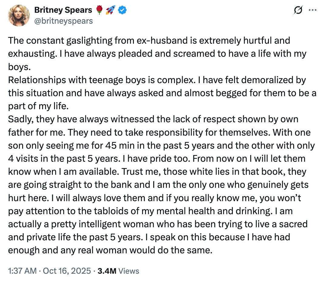Britney Spears shared a statement about Federline's memoir on X