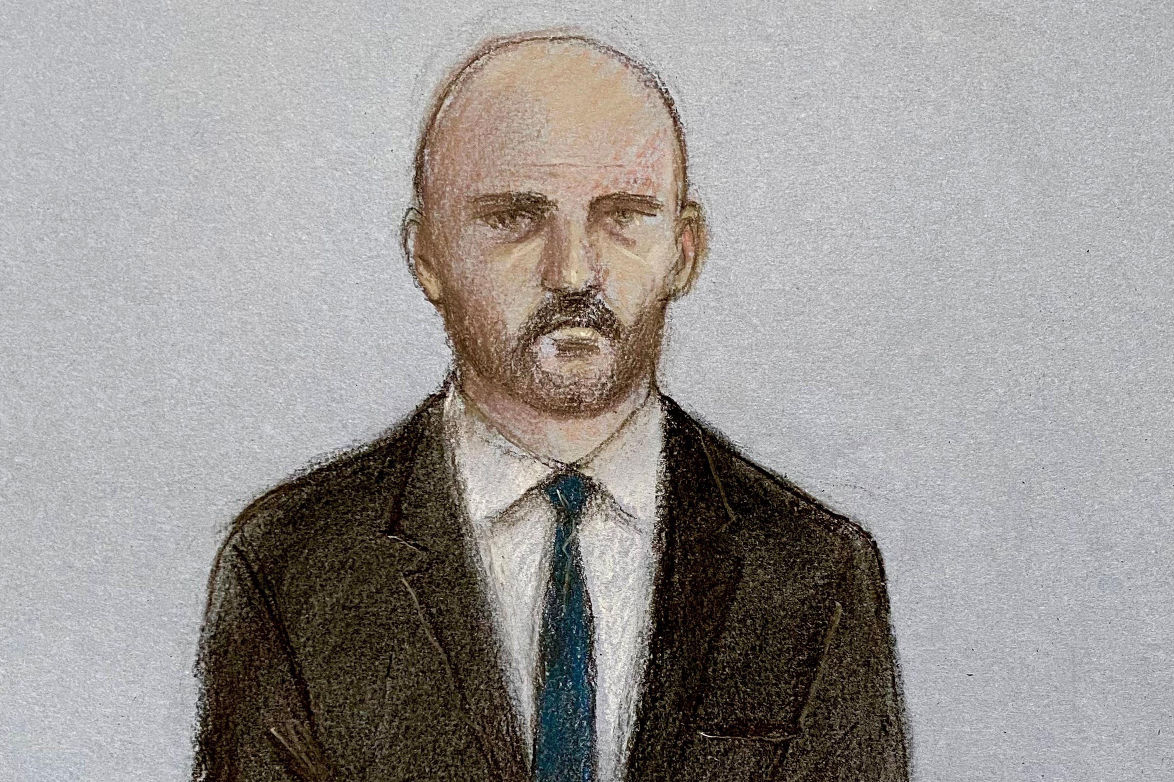 <p>Court artist drawing of Miles Cross appearing at Wrexham Magistrates’ Court</p>