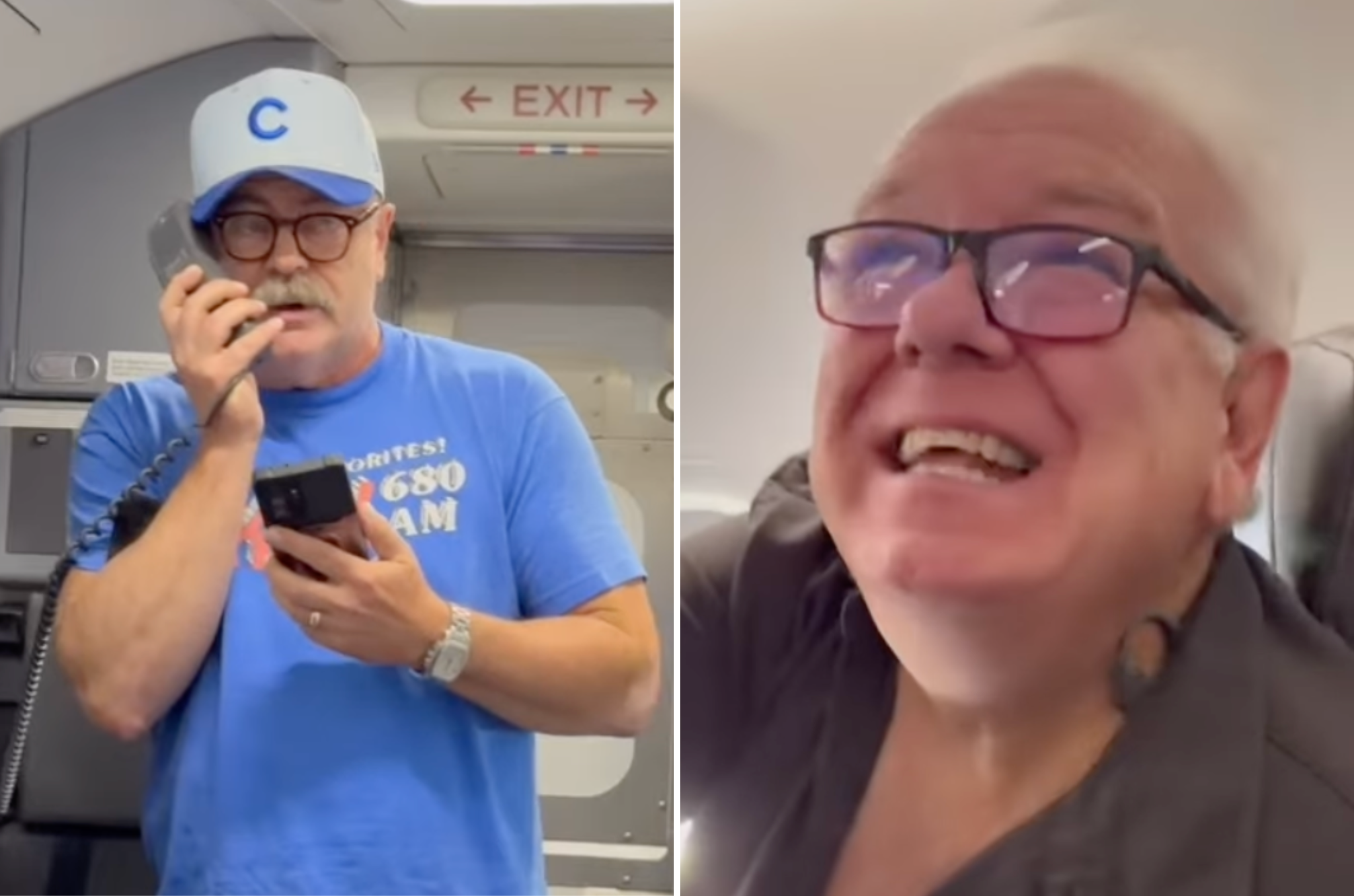 Nick Offerman (left) punked his former Parks and Rec co-star Jim O'Heir on a recent flight to Indianapolis