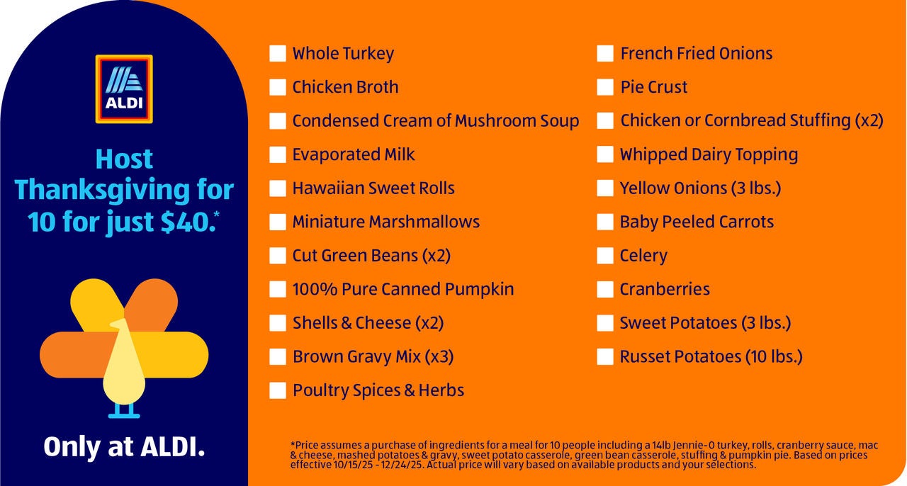 Aldi shoppers need to purchase each Thanksgiving meal item separately, as the deal isn’t sold as a pre-packaged meal kit