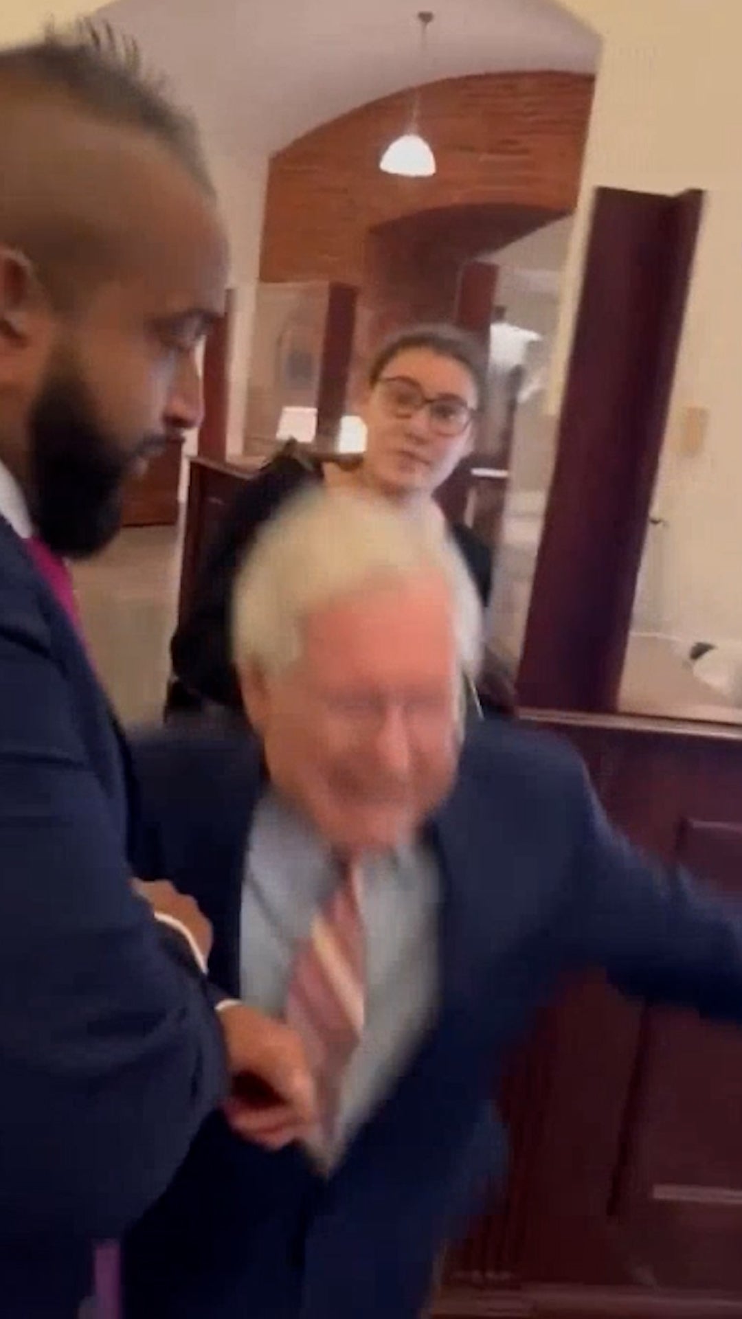 The Senator took a tumble while being asked about ICE raids across the nation.