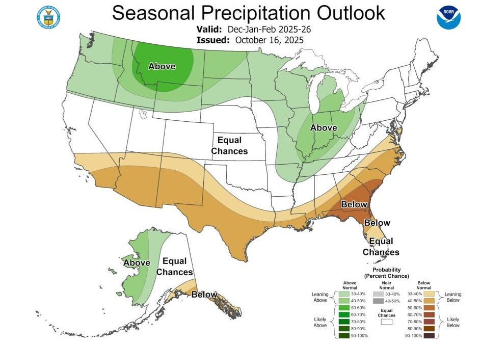 NOAA's winter precipitation outlook shows a wet winter in the northern states, with a focus on the Intermountain West