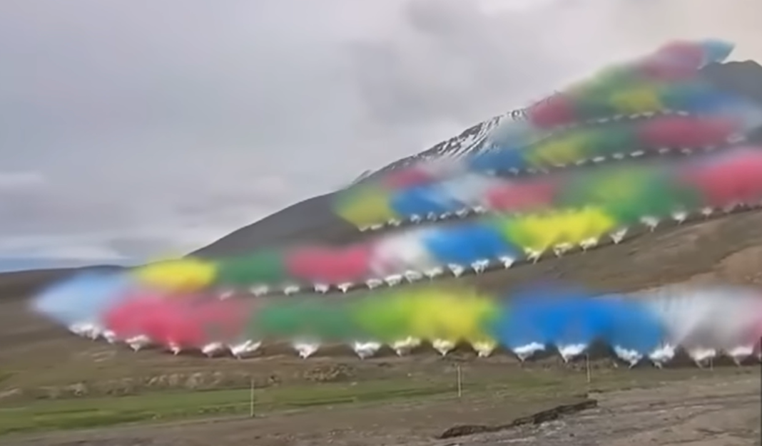 Brightly coloured fireworks that apparently resembled a 'rising dragon' erupting over a lush Tibetan landscape