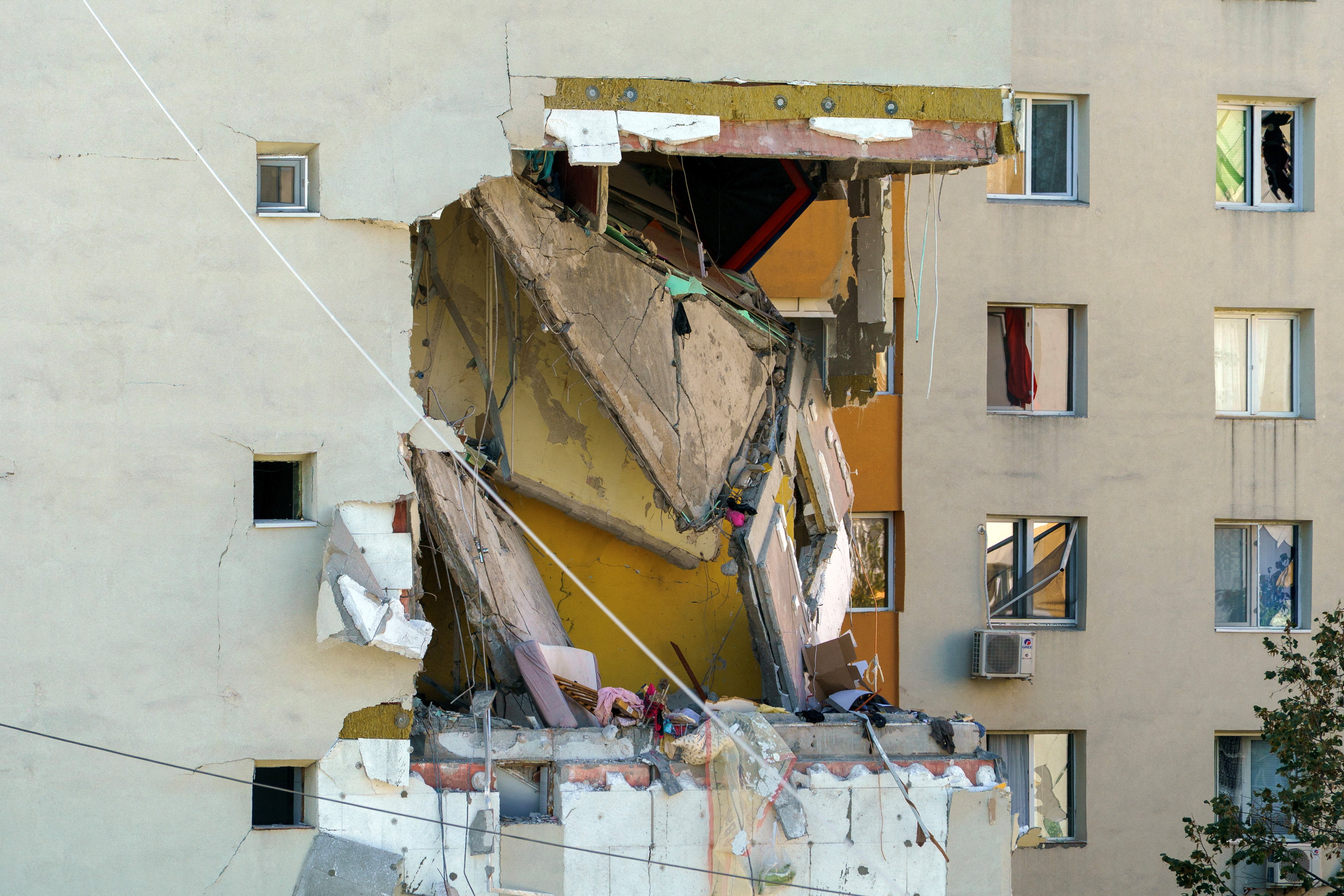 Damage caused by an explosion at an apartment block in Bucharest, Romania, October 17, 2025