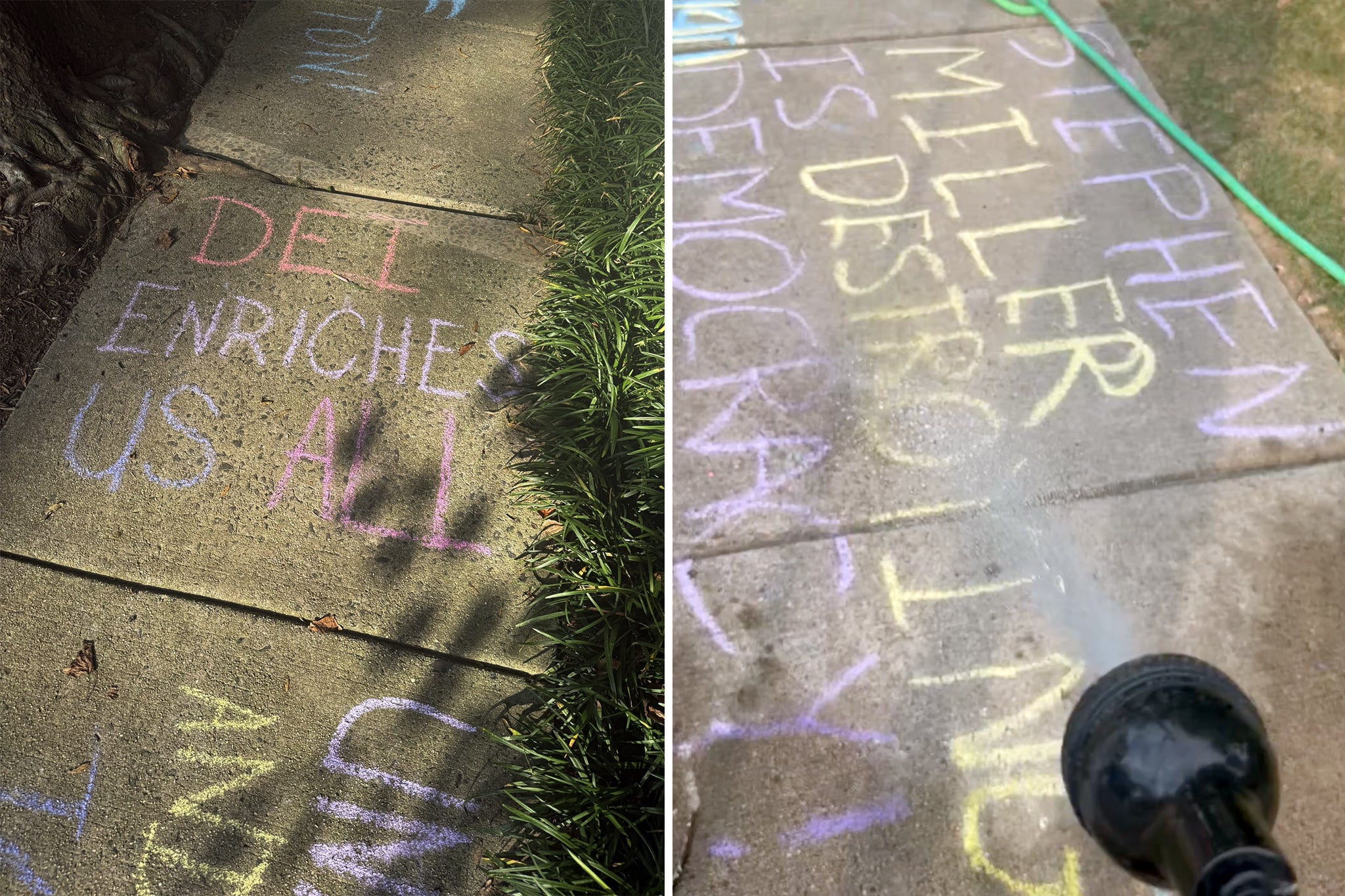 Chalk messages left by protesters outside Stephen Miller’s home in Arlington, Virginia