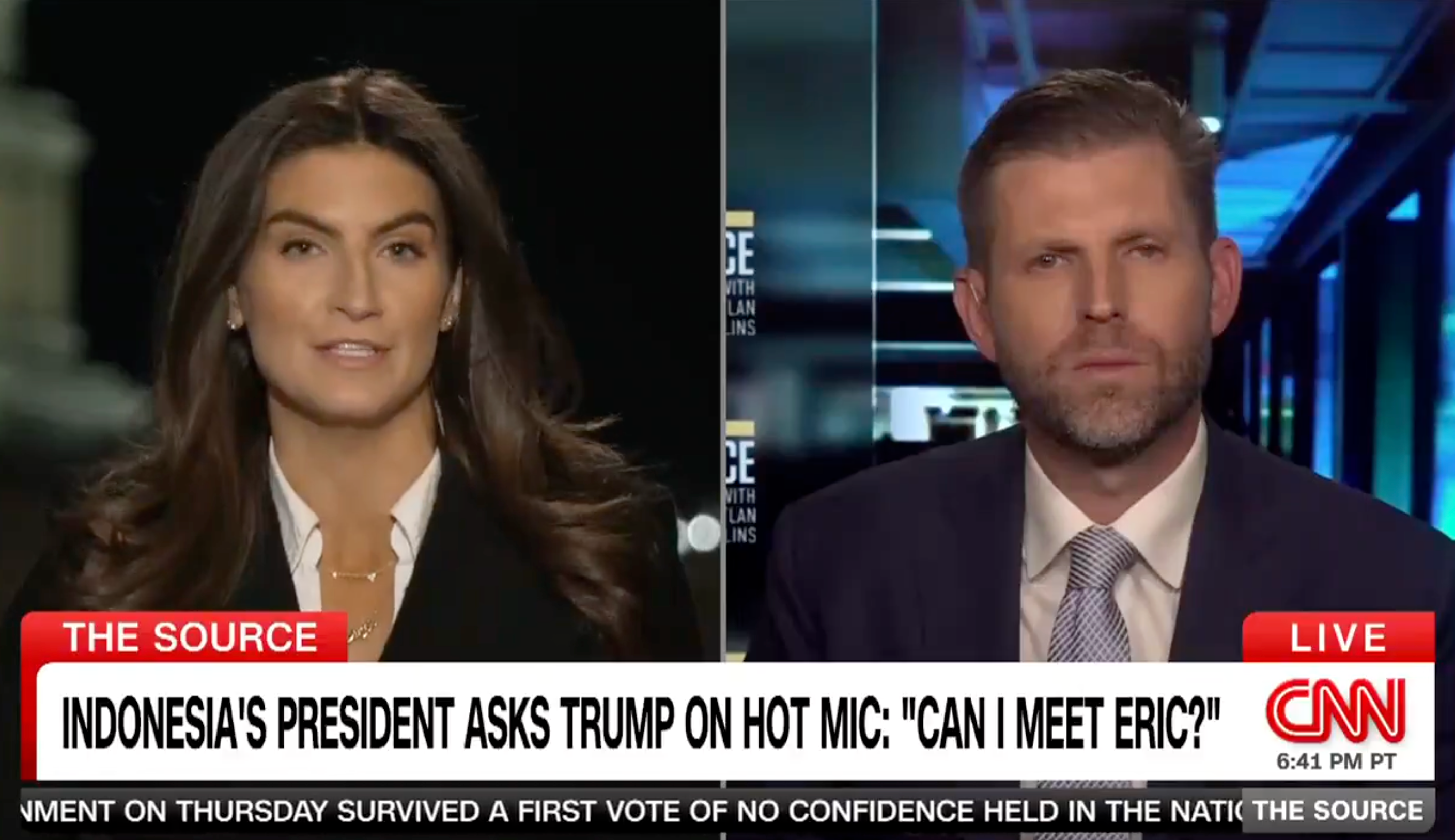 Eric Trump is grilled by Kaitlan Collins on CNN's The Source on Thursday over the hot mic moment