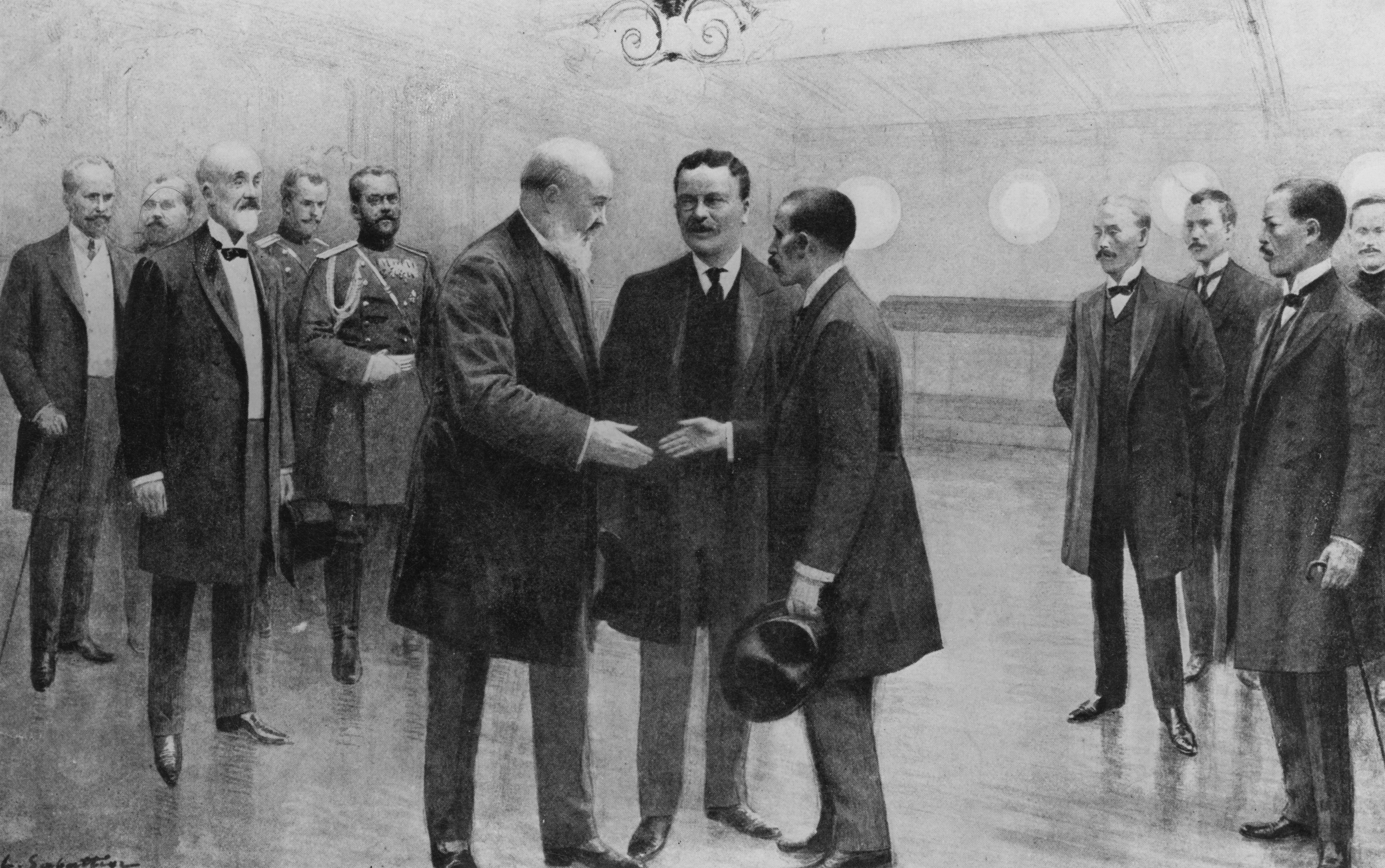 President Theodore Roosevelt introduces Russian and Japanese delegates at the Portsmouth Peace Conference. There, Roosevelt played a key role in negotiating peace and later won a Nobel Peace Prize for his efforts