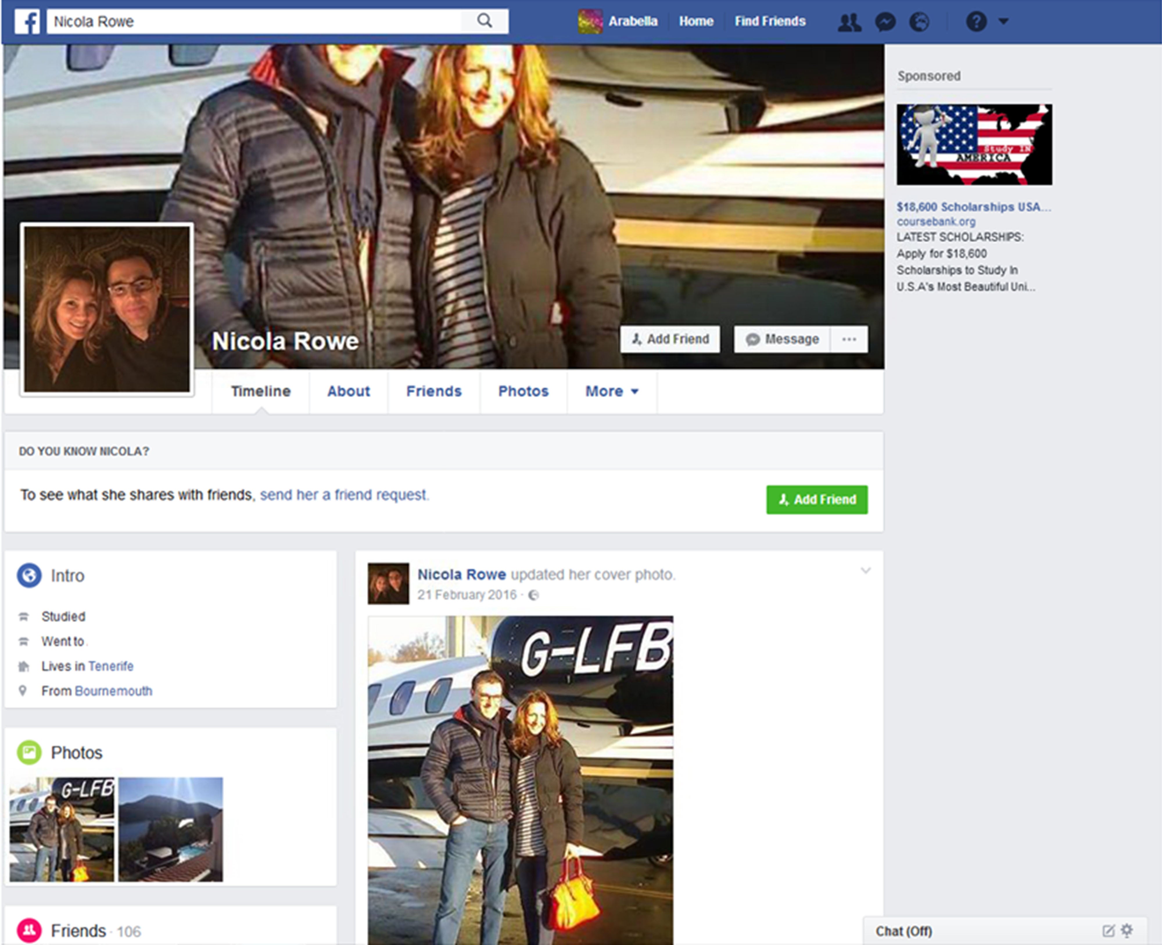 A screengrab from Nicola Rowe's Facebook page showing the private jet they used