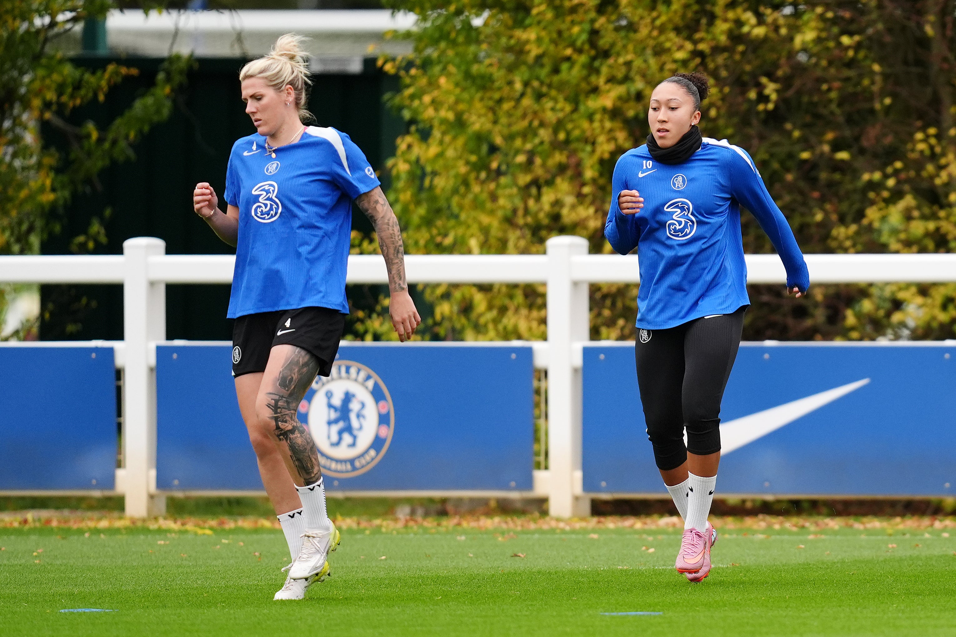 Lauren James (right) continues her rebahilitation after picking up an injury during Euro 2025