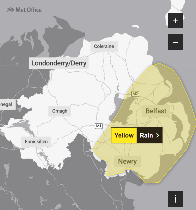 The Met Office has issued a yellow weather warning in Northern Ireland for Sunday