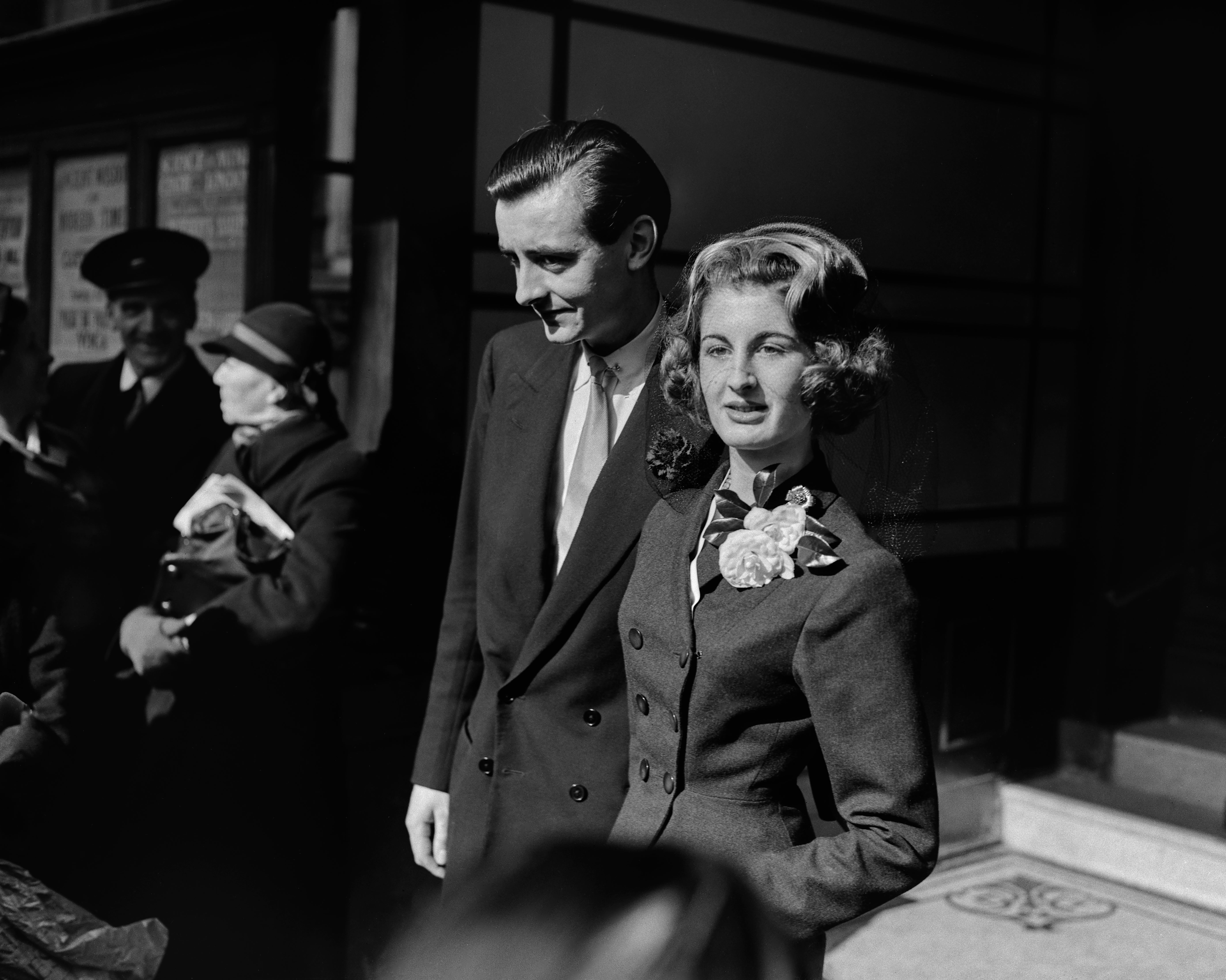 Lady Annabel Vine-Tempest-Stewart (later Annabel Goldsmith) with her husband, entrepreneur Mark Birley on their wedding day in 1954