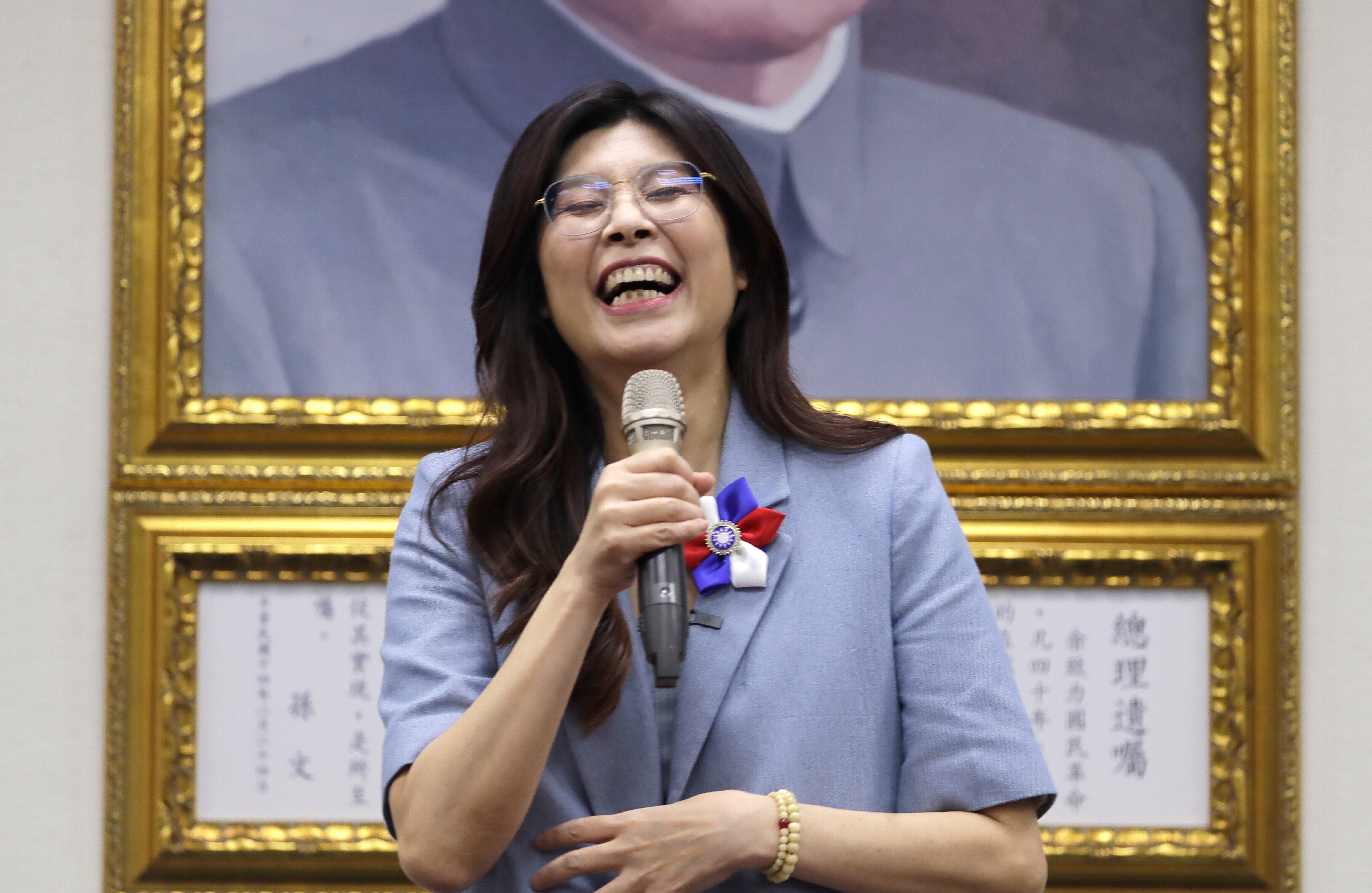 Cheng Li-wun delivers a speech after winning in the Kuomintang (KMT, Nationalist Party) chairman election in Taipei, Taiwan, Saturday, Oct. 18, 2025. (AP Photo/Chiang Ying-ying)