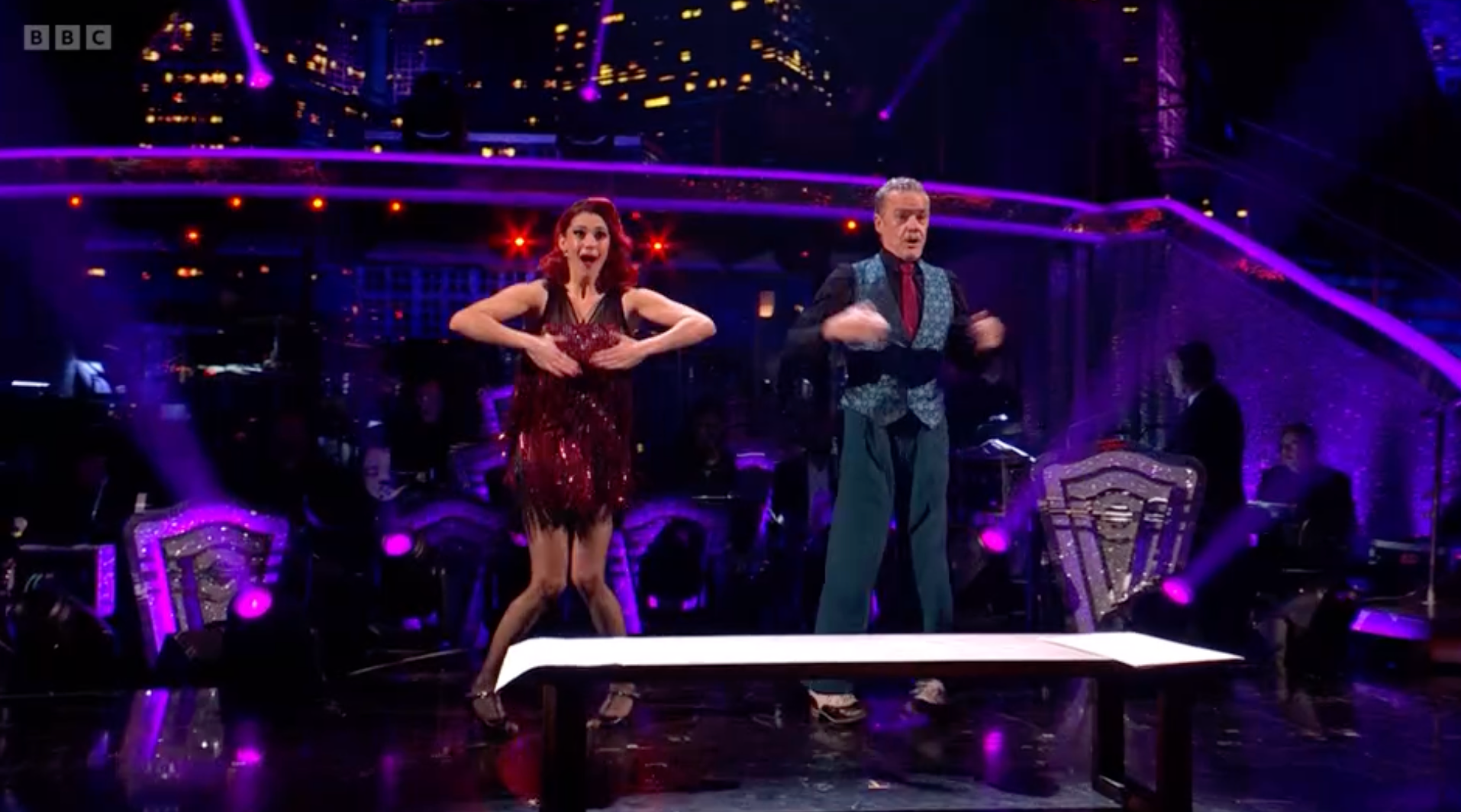 Dianne Buswell and Stefan Dennis performing a Charleston to “Dance Monkey” by Tones and I