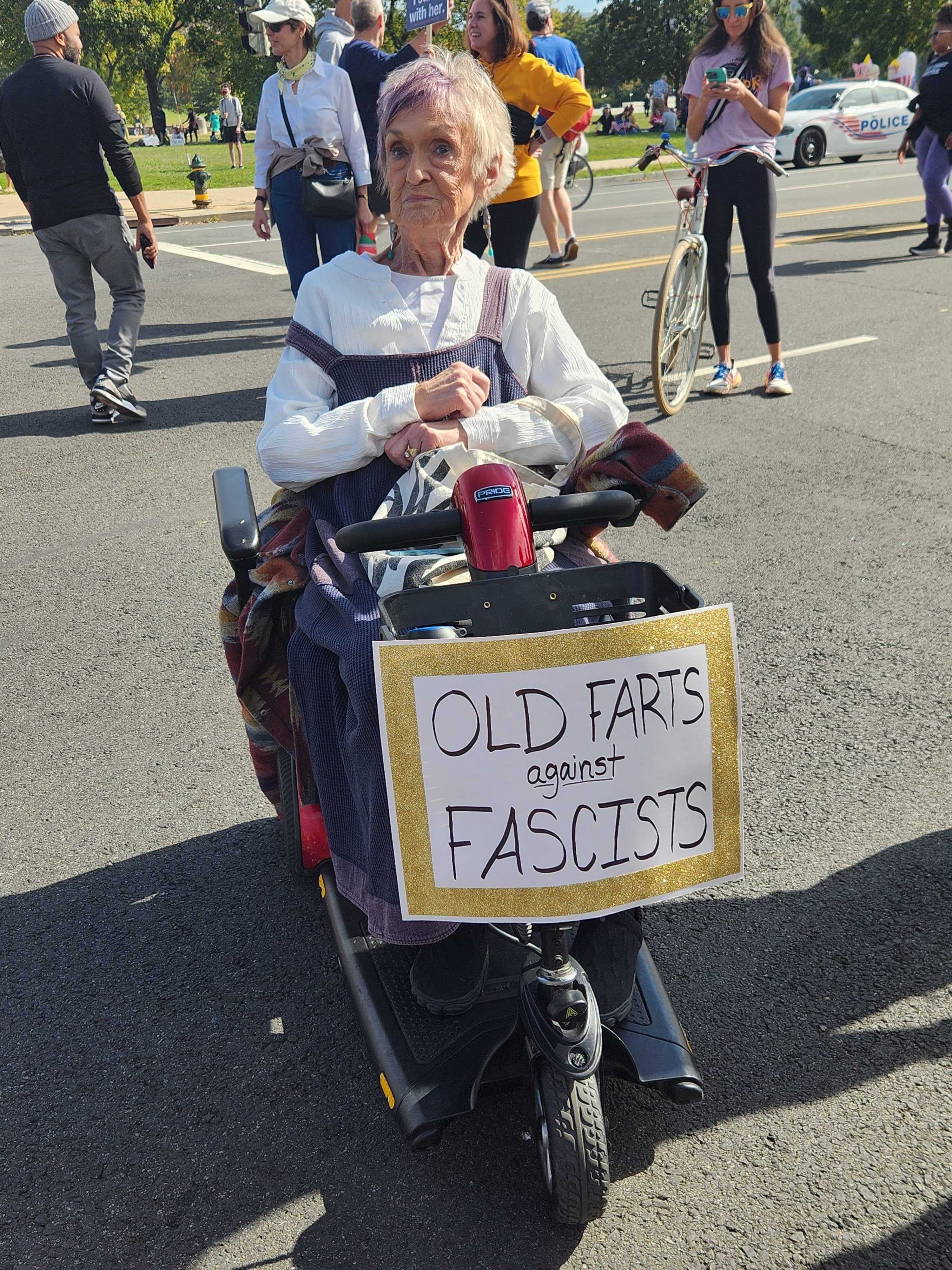 'Old farts against fascists,' a Washington, D.C. rally-goer's sign reads
