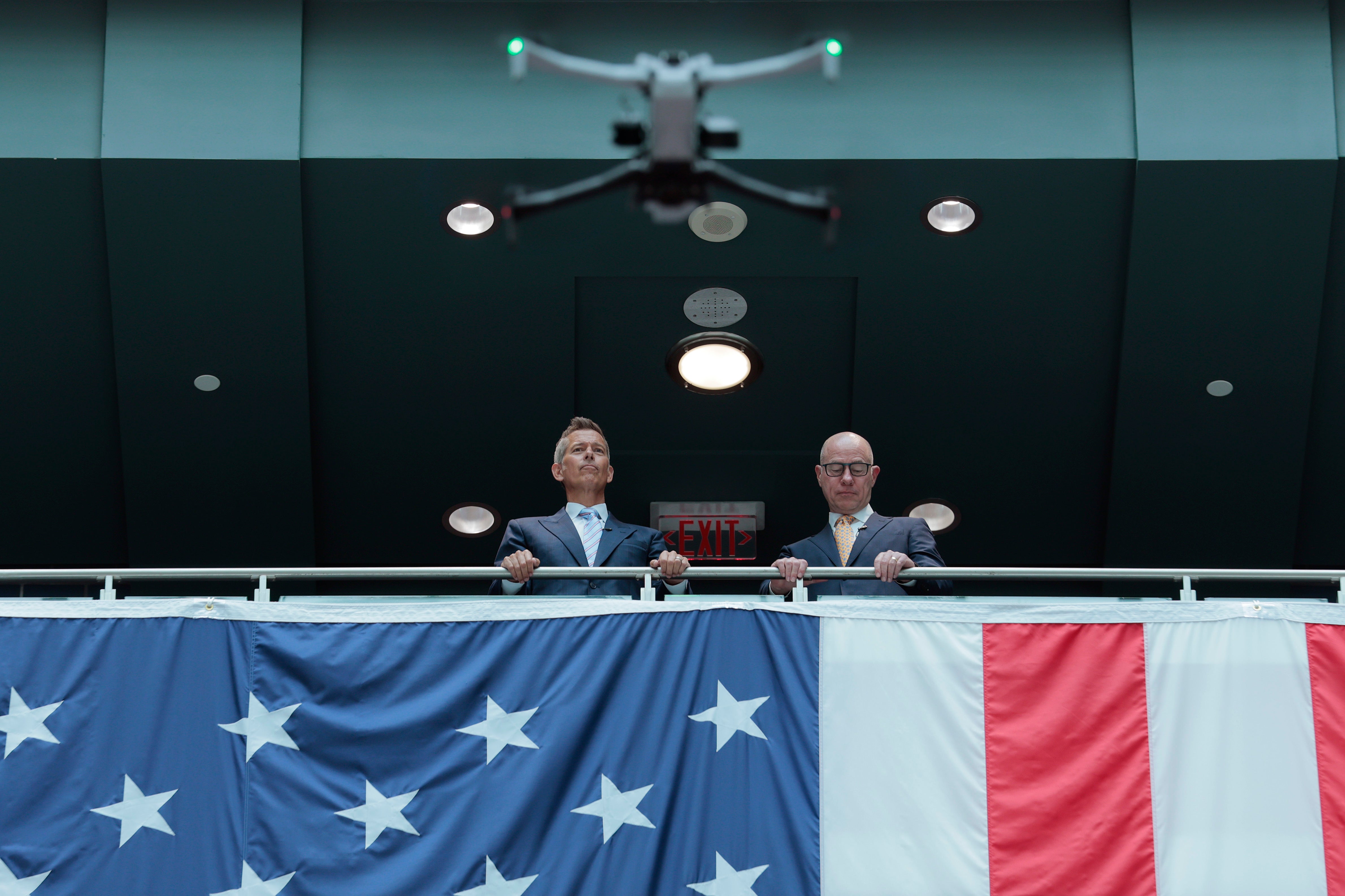 U.S. Transportation Secretary Sean Duffy and FAA Administrator Bryan Bedford observe a drone made by Skydio, one of a crop of defense-friendly start-ups