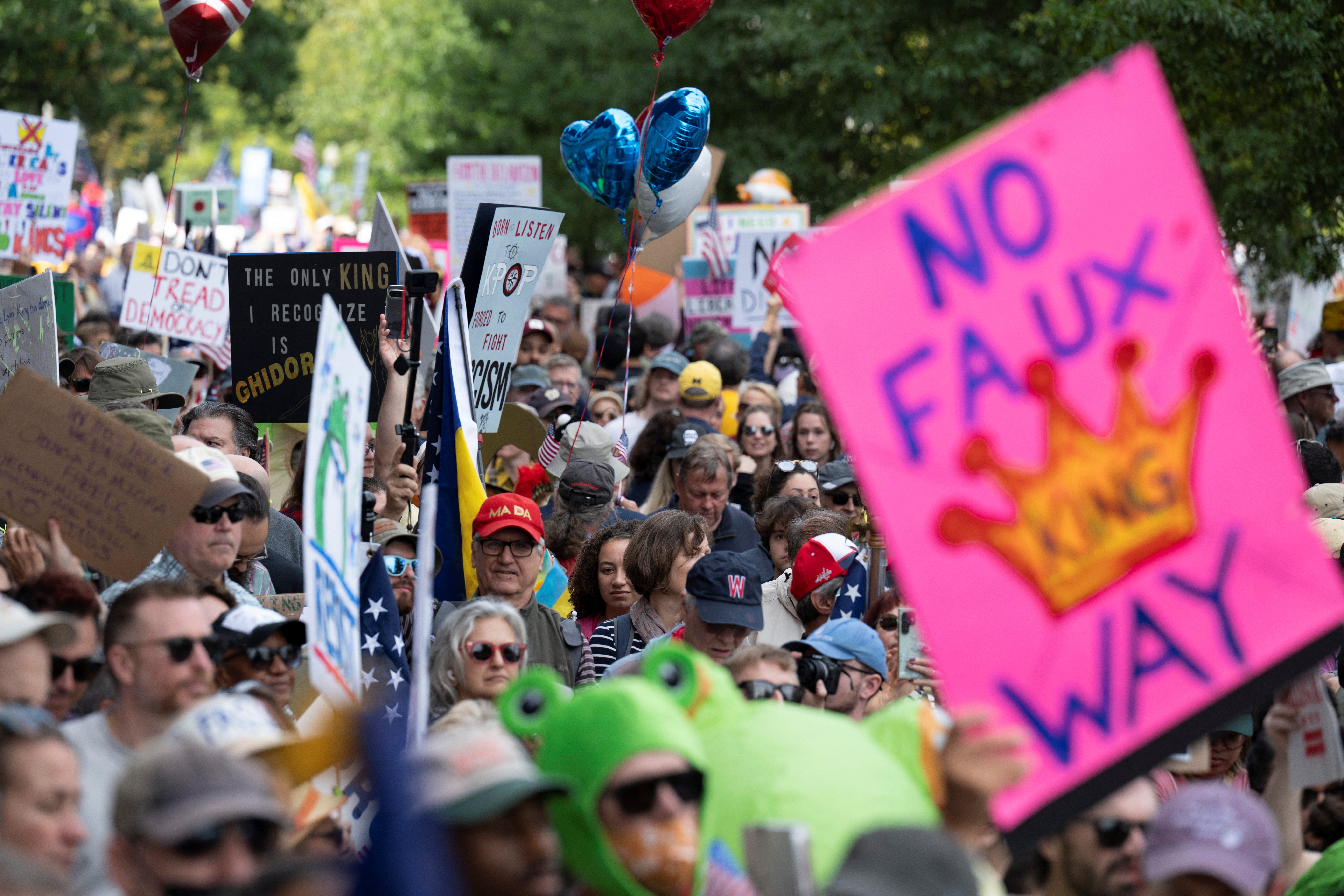 A crowd of rally-goers in the nation’s capital hold up signs, including ‘No faux-king way’