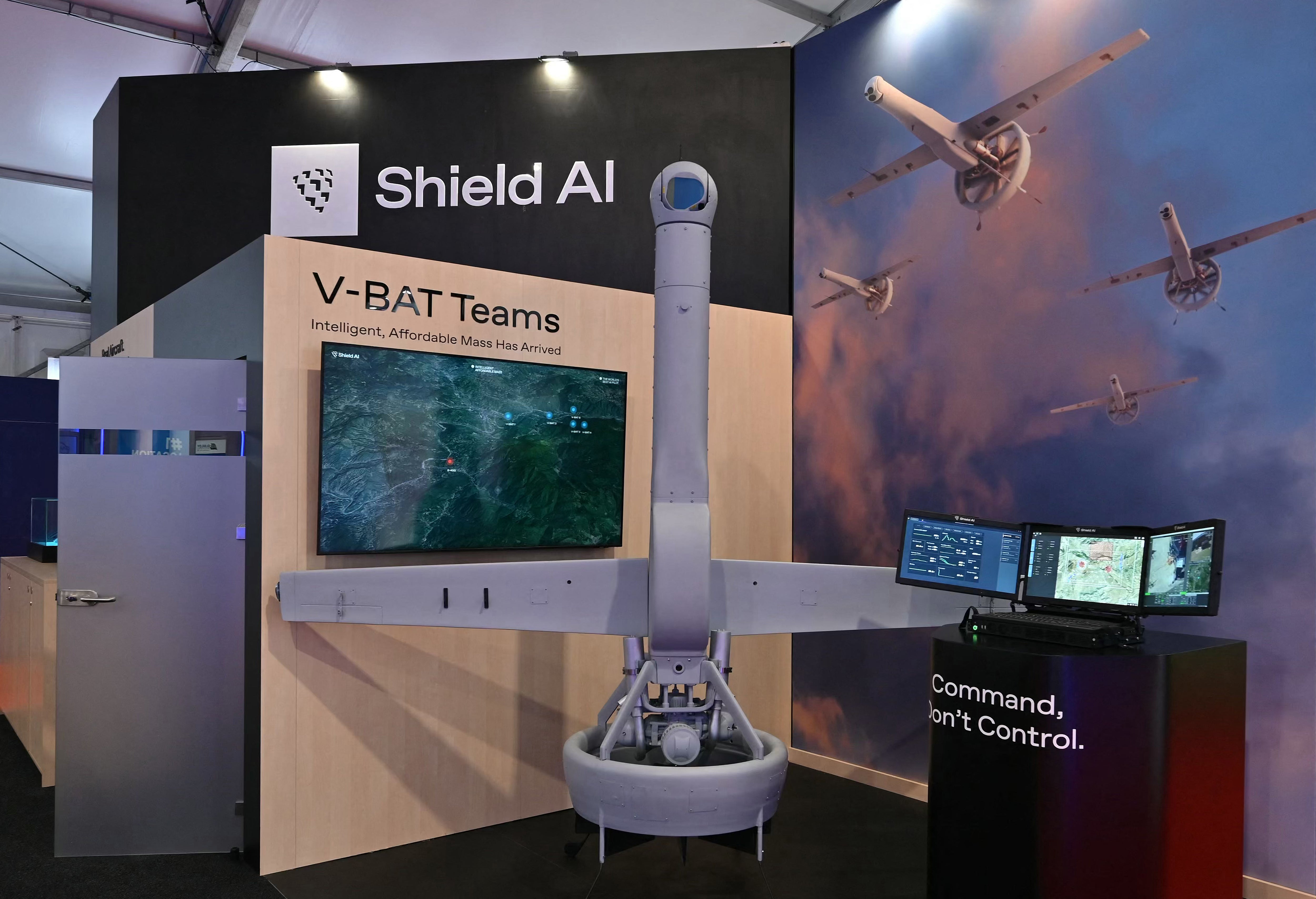 A vertical take-off and landing autonomous aerial drone developed by the U.S. defense tech start-up Shield A.I., displayed at the Farnborough International Airshow in England on July 22, 2024
