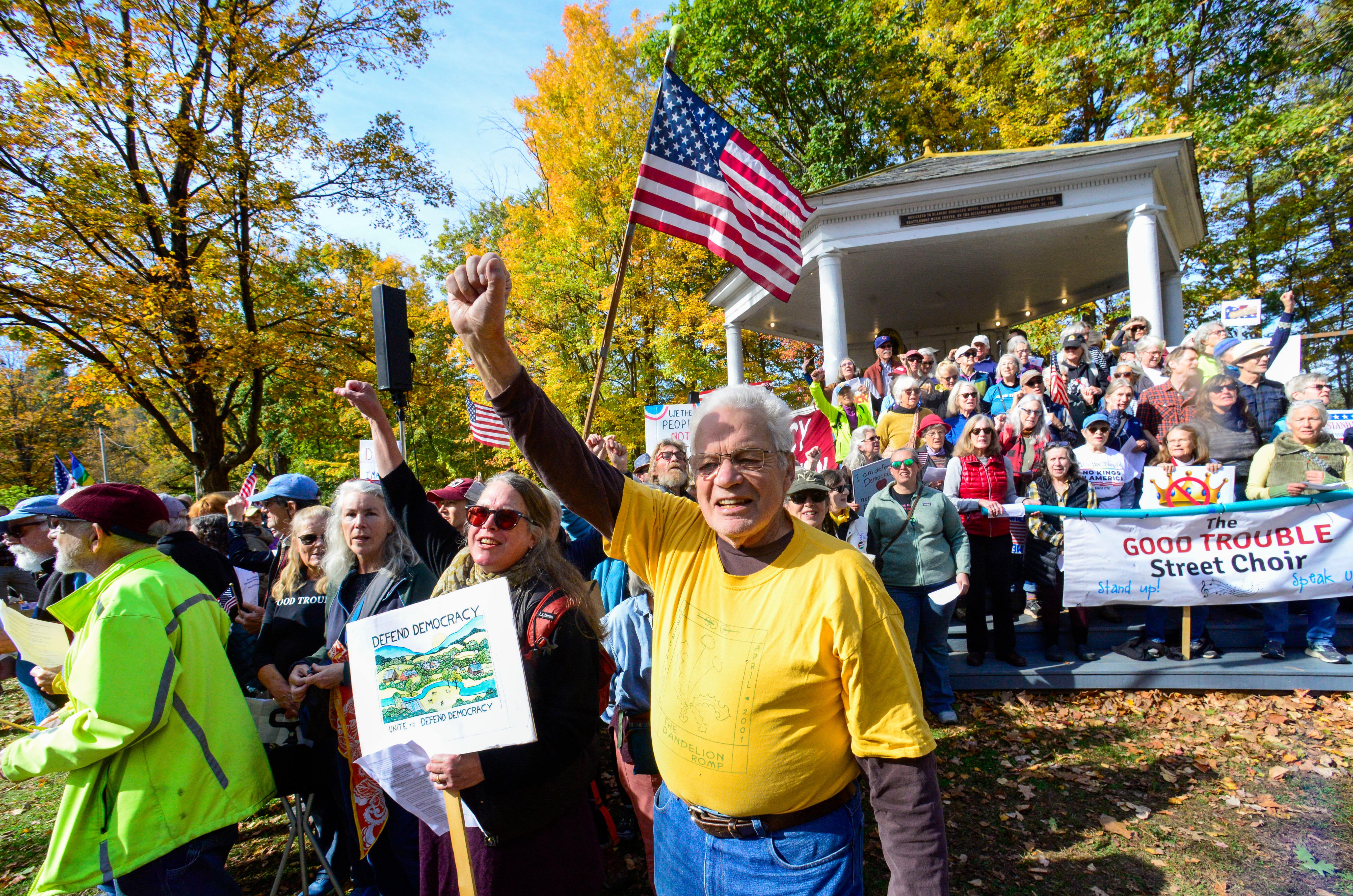 Protesters gather in Brattleboro, Vermont, to take part in a No Kings rally that drew thousands