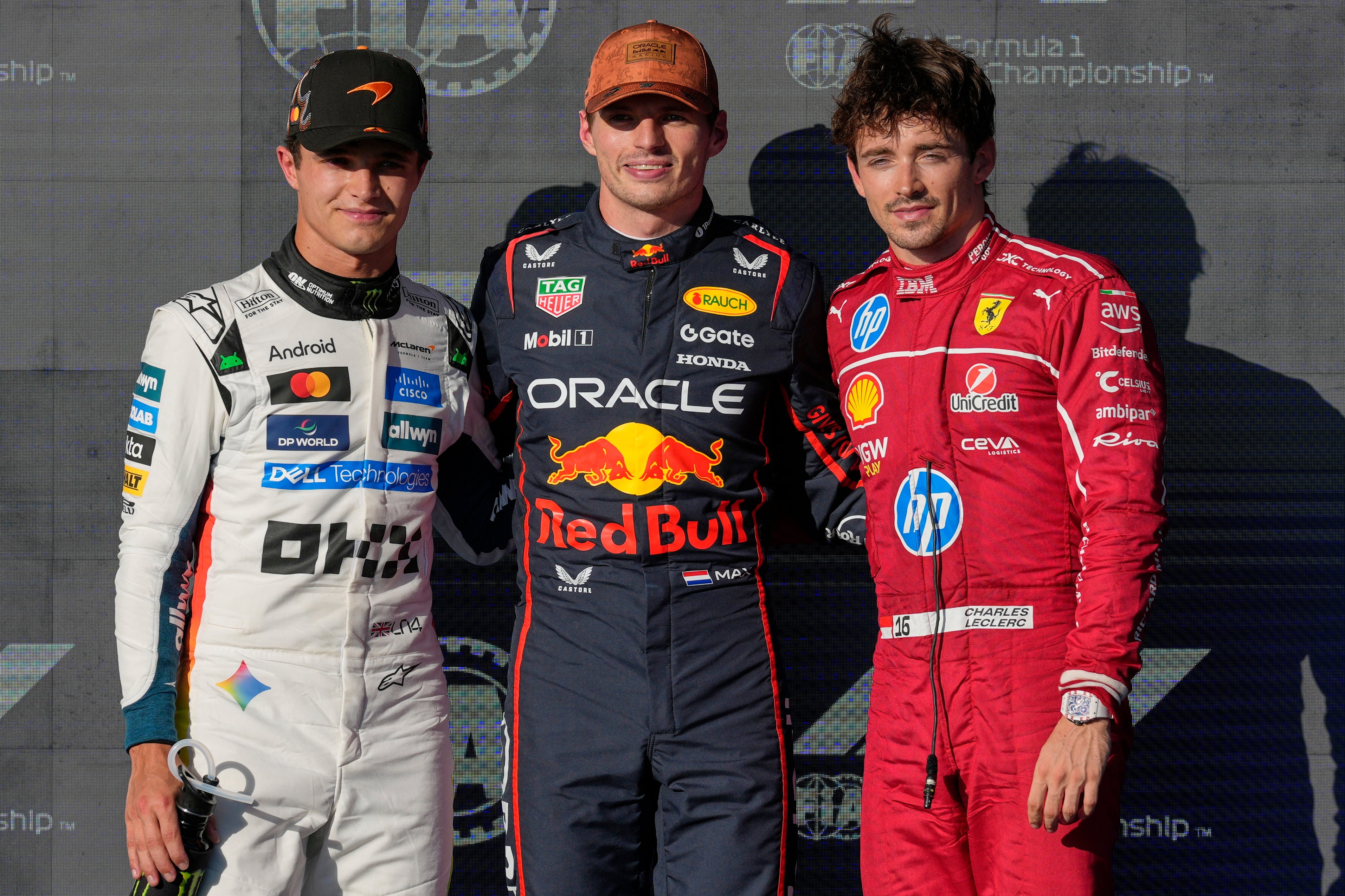 Verstappen led Norris (left) and Leclerc (right) in qualifying (AP Photo/John Locher)