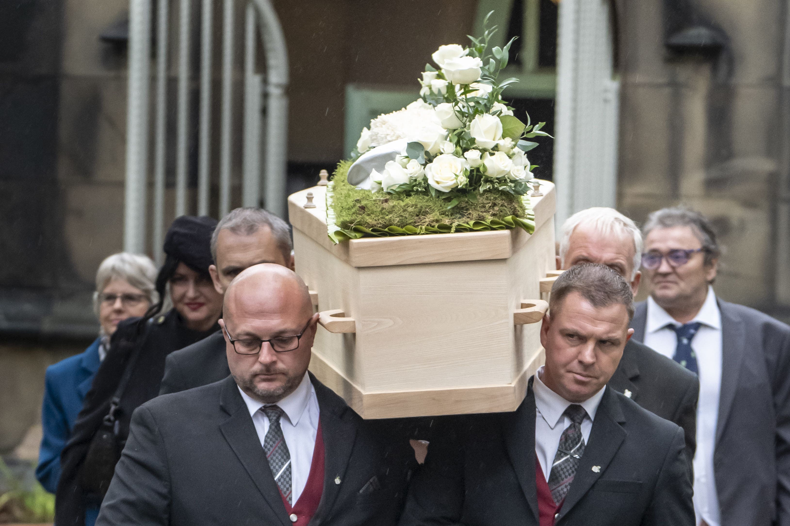 The coffin carrying former cricket umpire Dickie Bird was carried from St Mary’s Church, Barnsley, following his funeral service