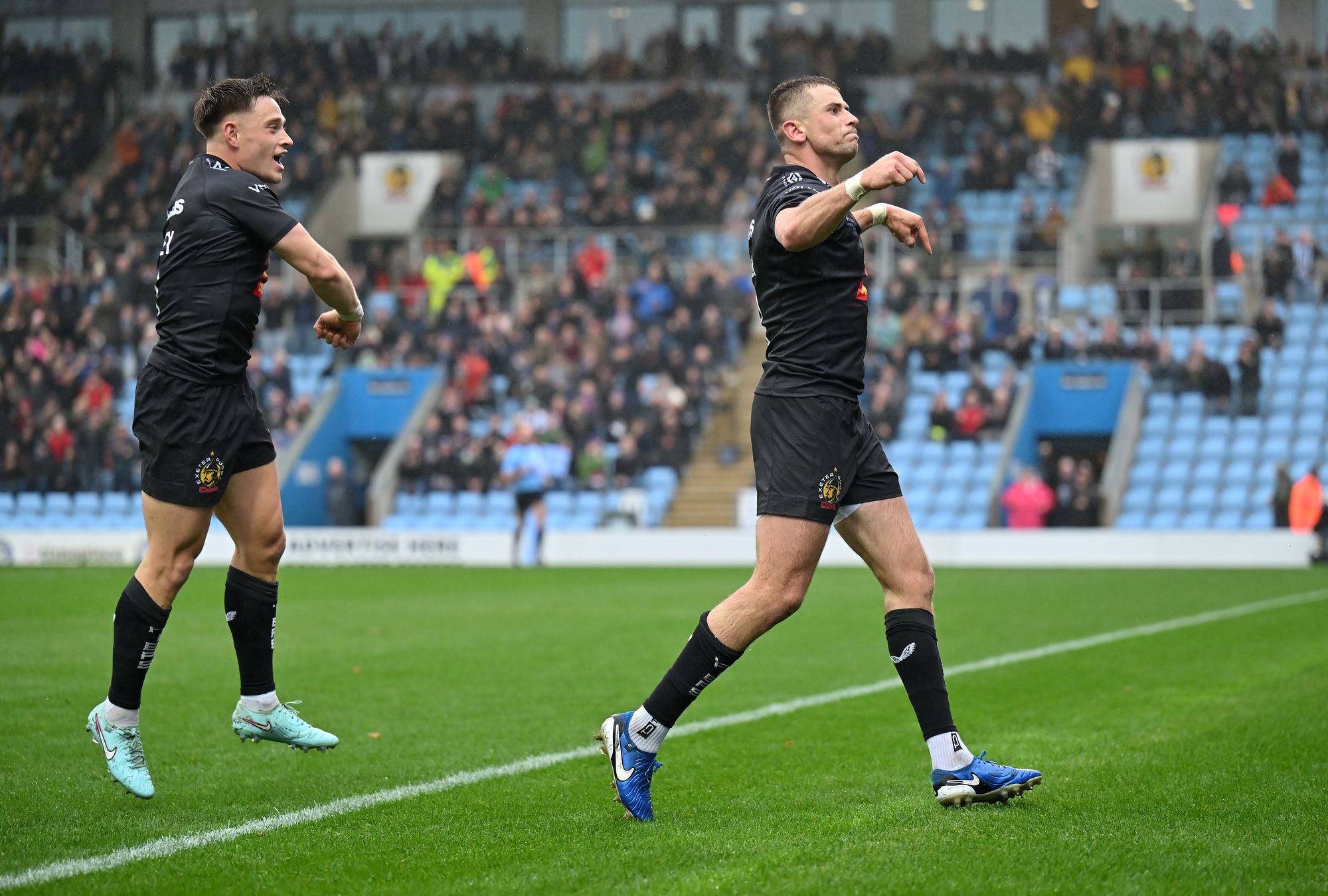 <p>Harvey Skinner (right) scored for Exeter in an uber-impressive performance</p>