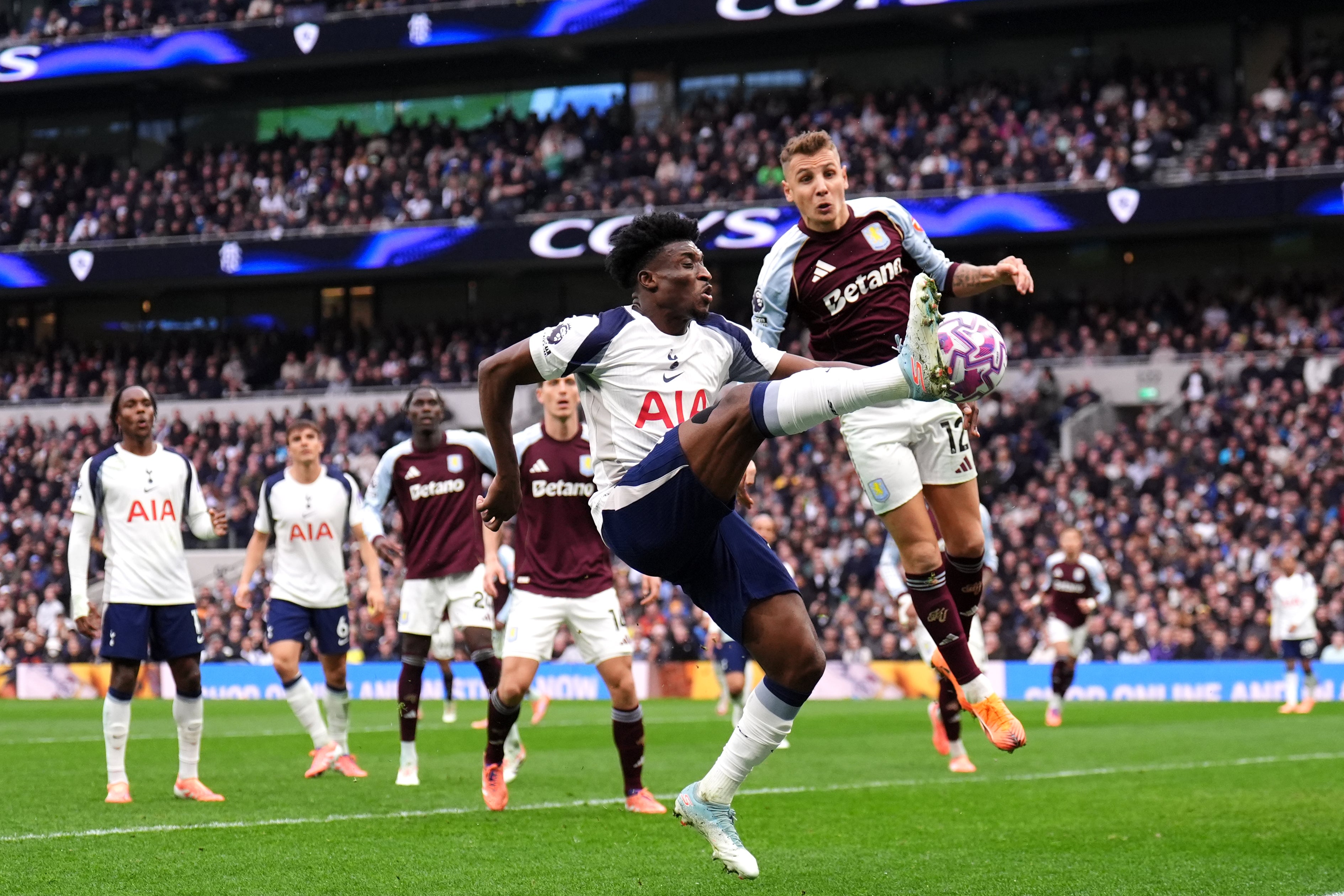 Mohammed Kudus (left) and Lucas Digne battled for the ball (John Walton/PA)