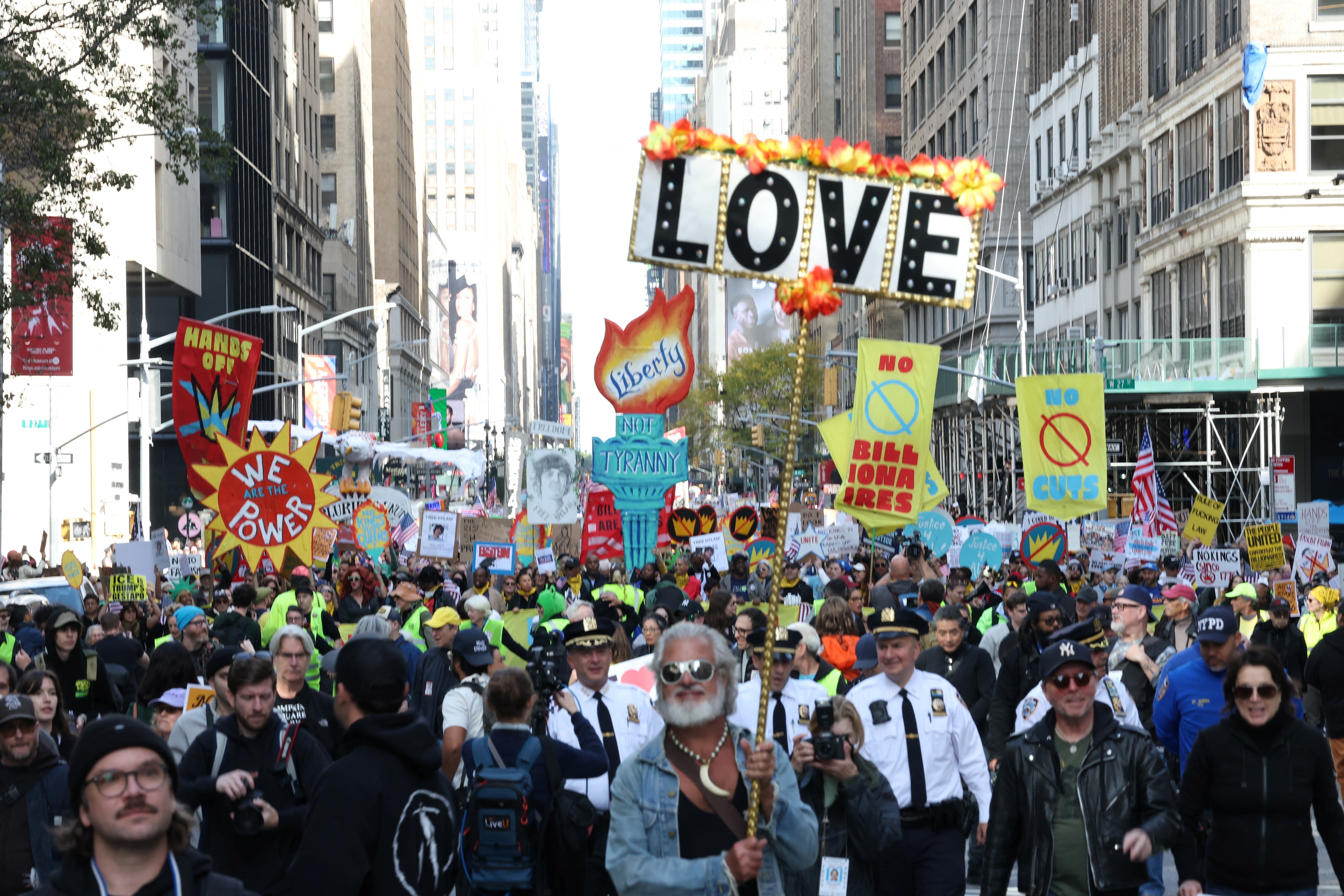 Demonstrators attend the anti-Trump ‘No Kings’ rally in New York City on Saturday