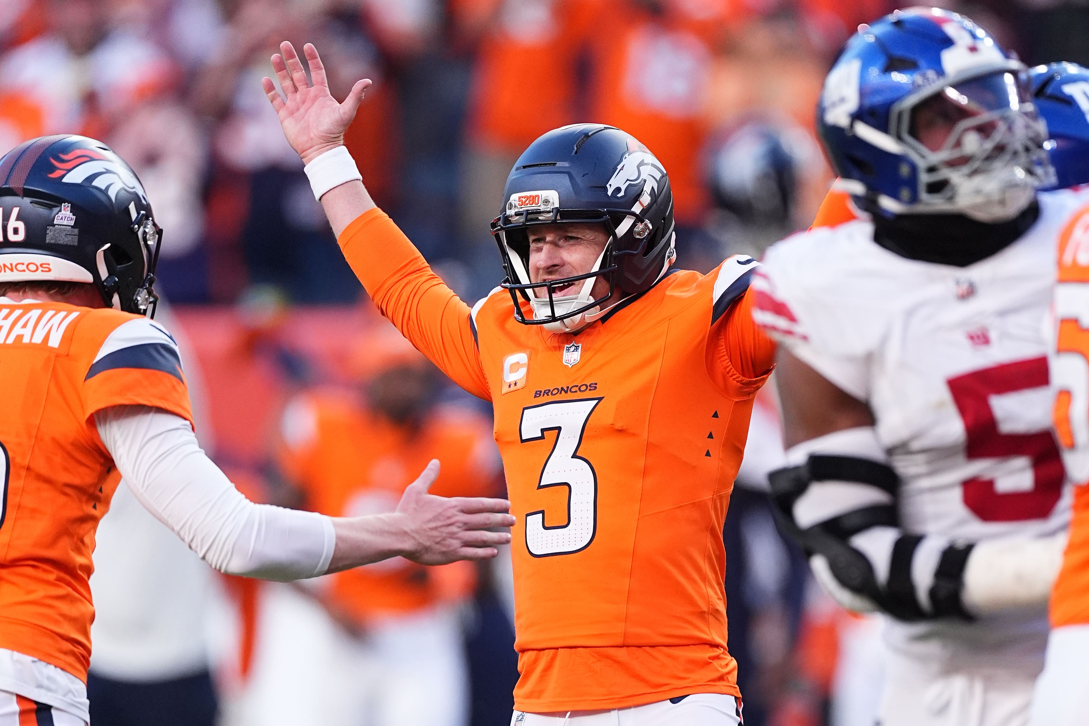 Denver Broncos kicker Wil Lutz (3) celebrates after kicking the game winning field goal (David Zalubowski/AP)