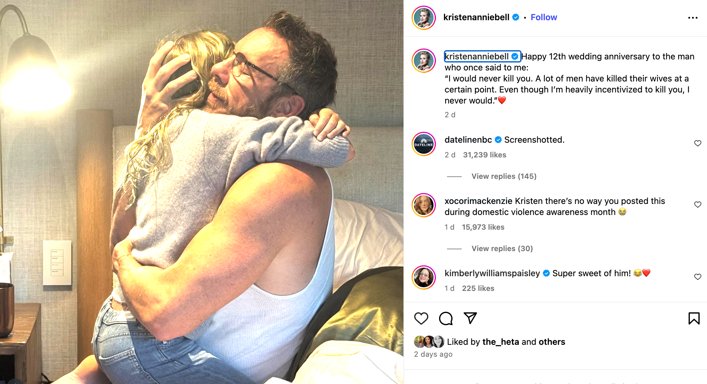 Kristen Bell is facing backlash over her 'insensitive' anniversary caption on Instagram