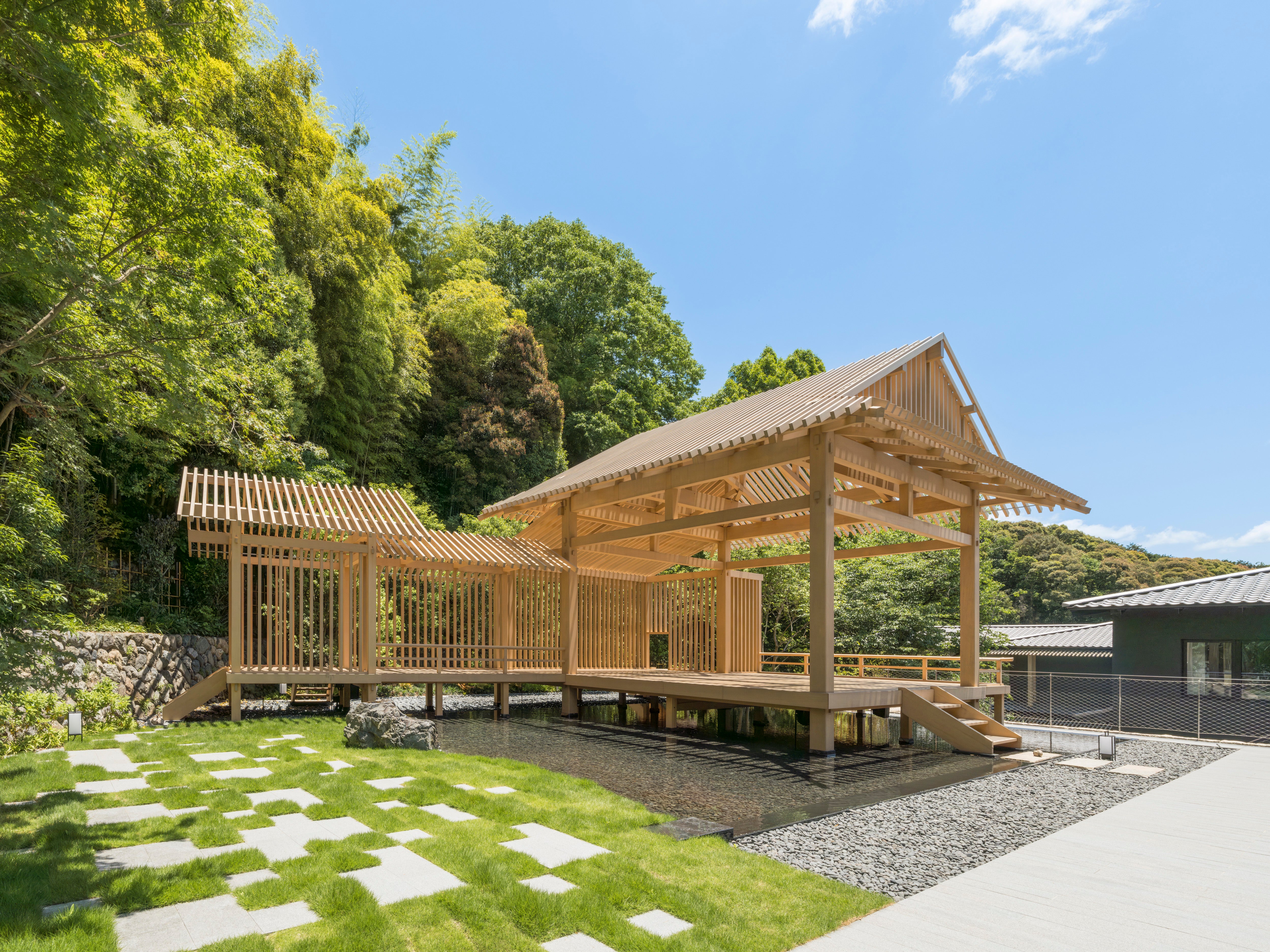 The bamboo pavilion is used for yoga sessions