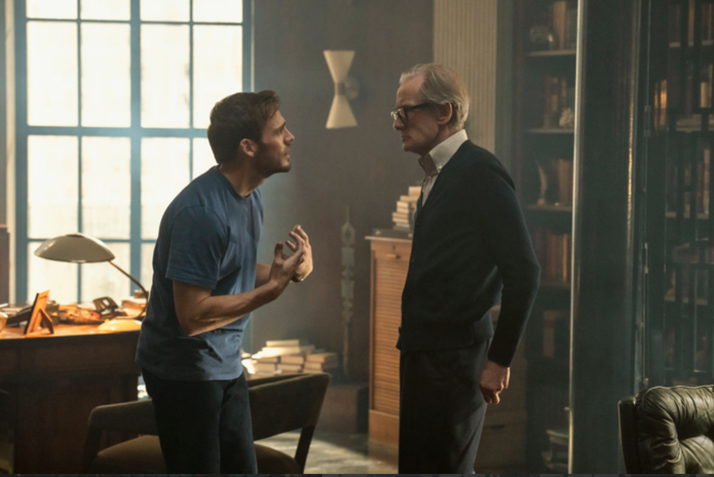 Joel (Sam Claflin), left, is convinced that there is more to the suicide of his father John (Bill Nighy) than meets the eye