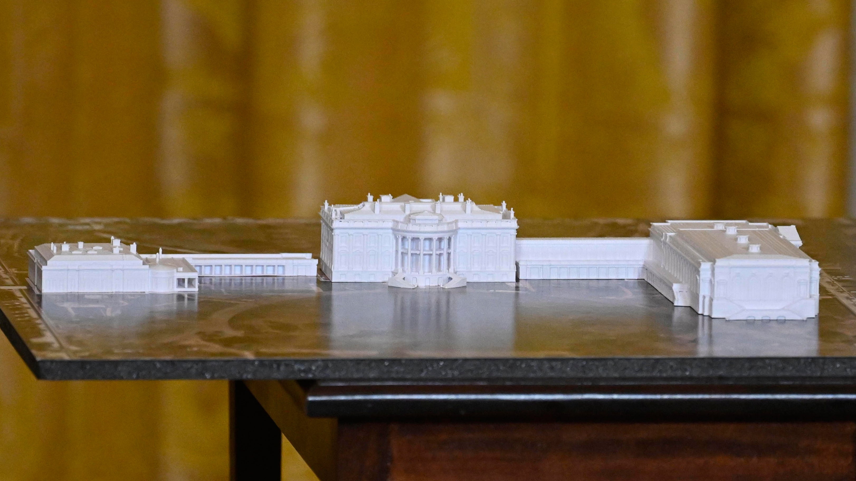 A model of the ballroom is depicted on the left side of this scale model of the White House complex