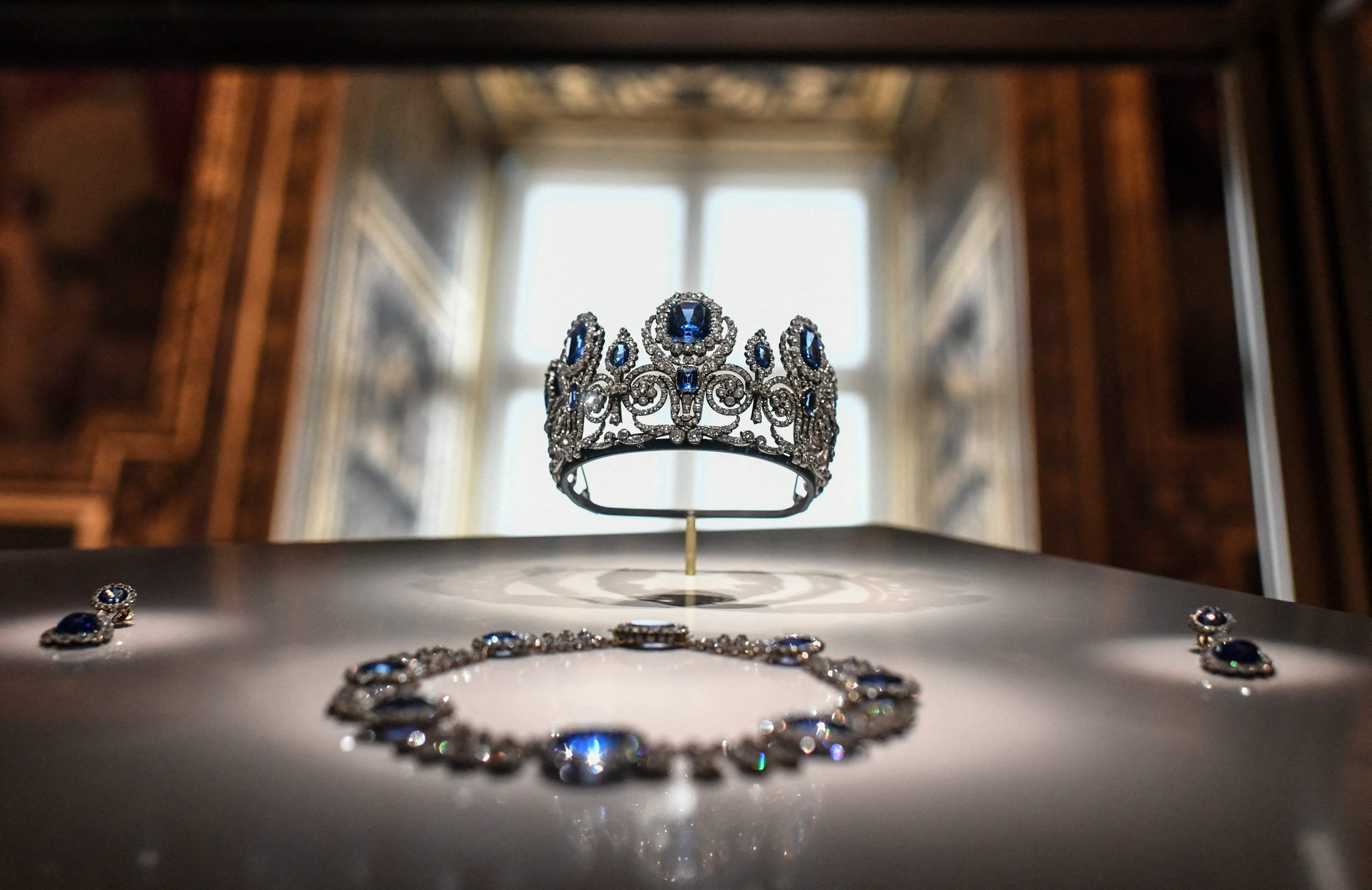 The "parure de la reine Marie-Amelie et de la Reine Hortense" (set of jewelry of Queen Marie-Amelie and Queen Hortense) displayed at Apollon's Gallery on January 14, 2020 at the Louvre museum in Paris