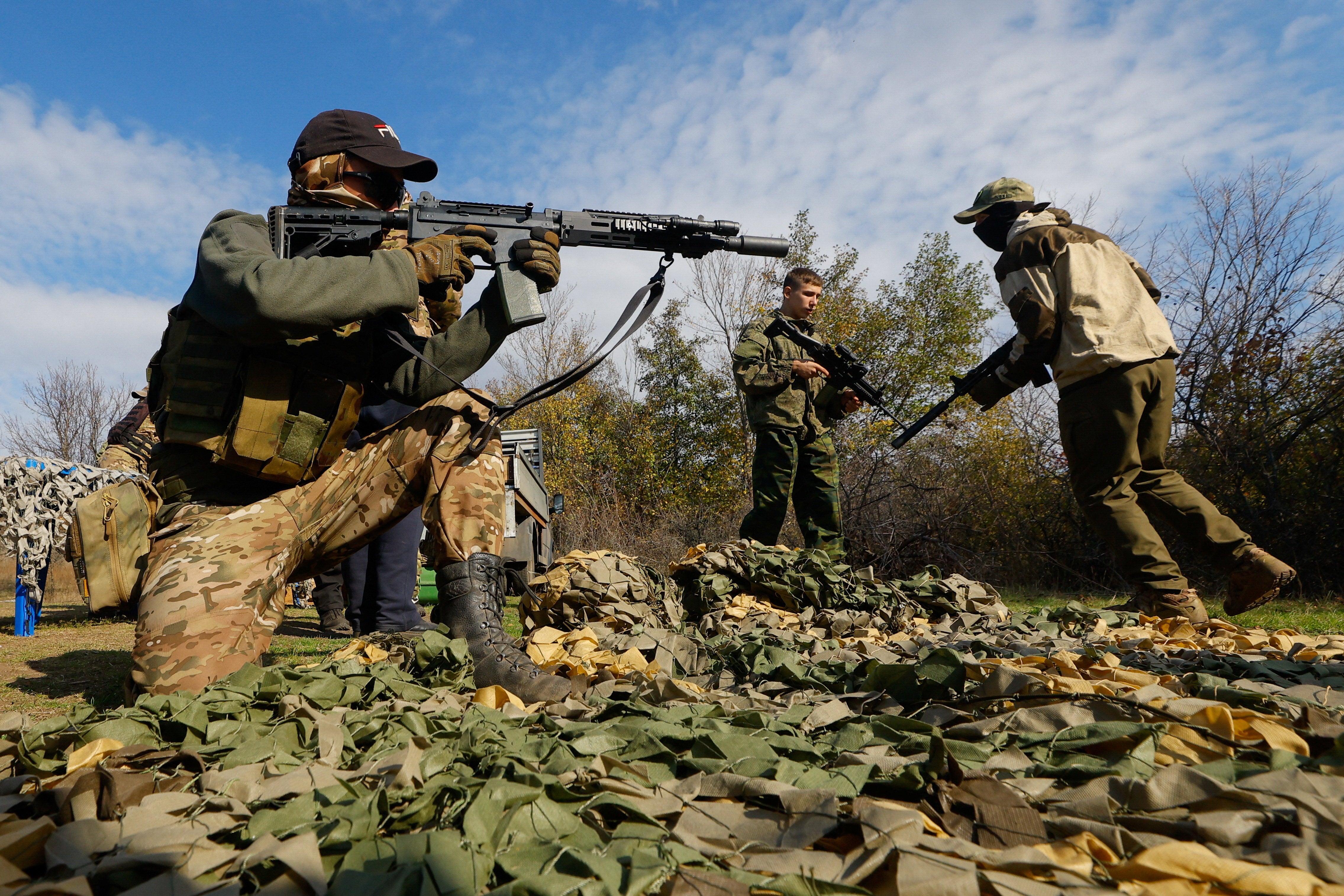 Youngsters participate in a training course at a Russian military-patriotic camp in the Donetsk region