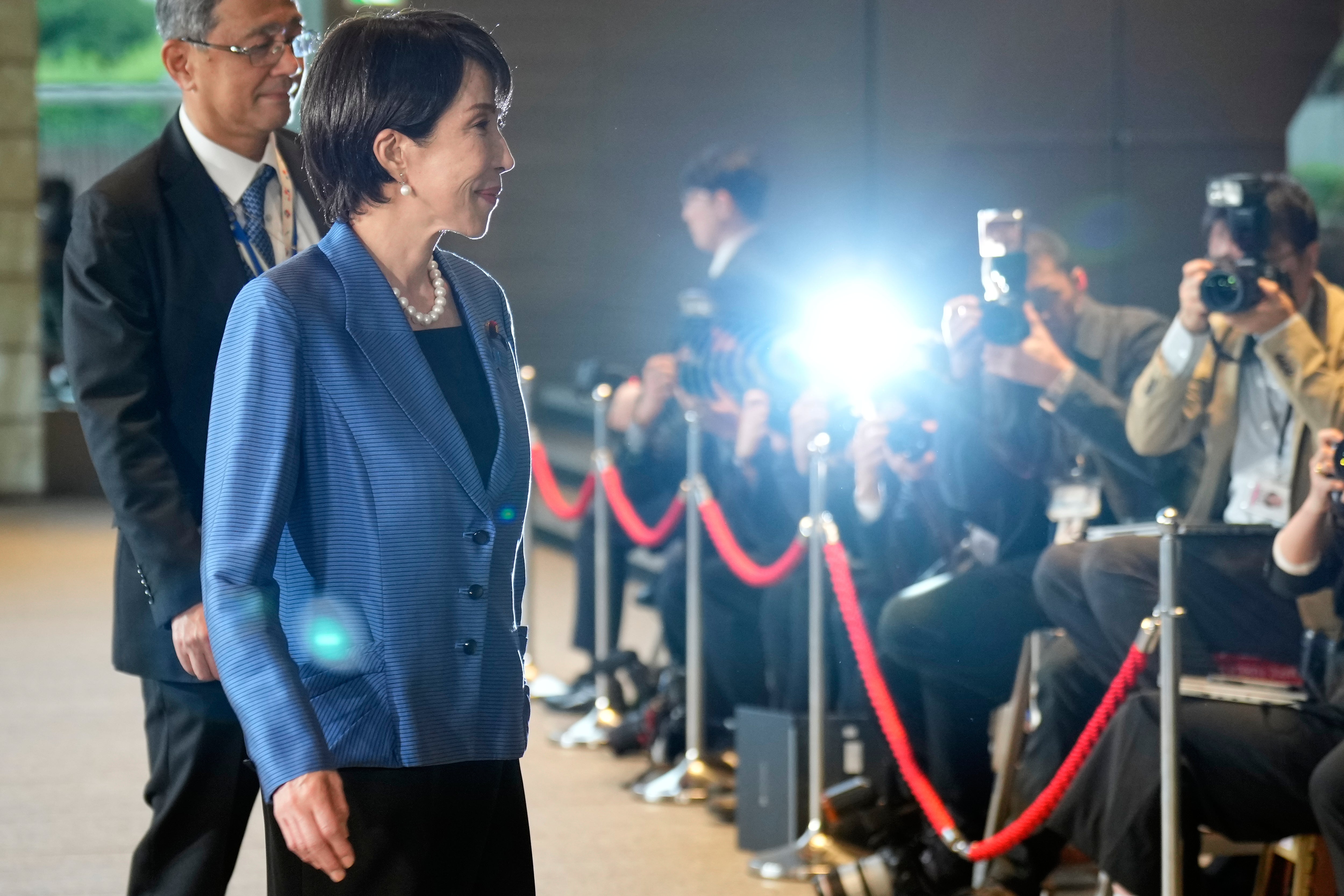 Japan’s newly elected prime minister Sanae Takaichi, front, arrives at the prime minister’s office in Tokyo, Japan, Tuesday, 21 October 2025
