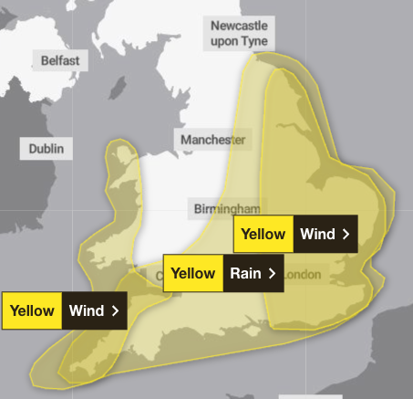<p>Met Office issue three yellow weather warnings for wind and rain across England and Wales</p>