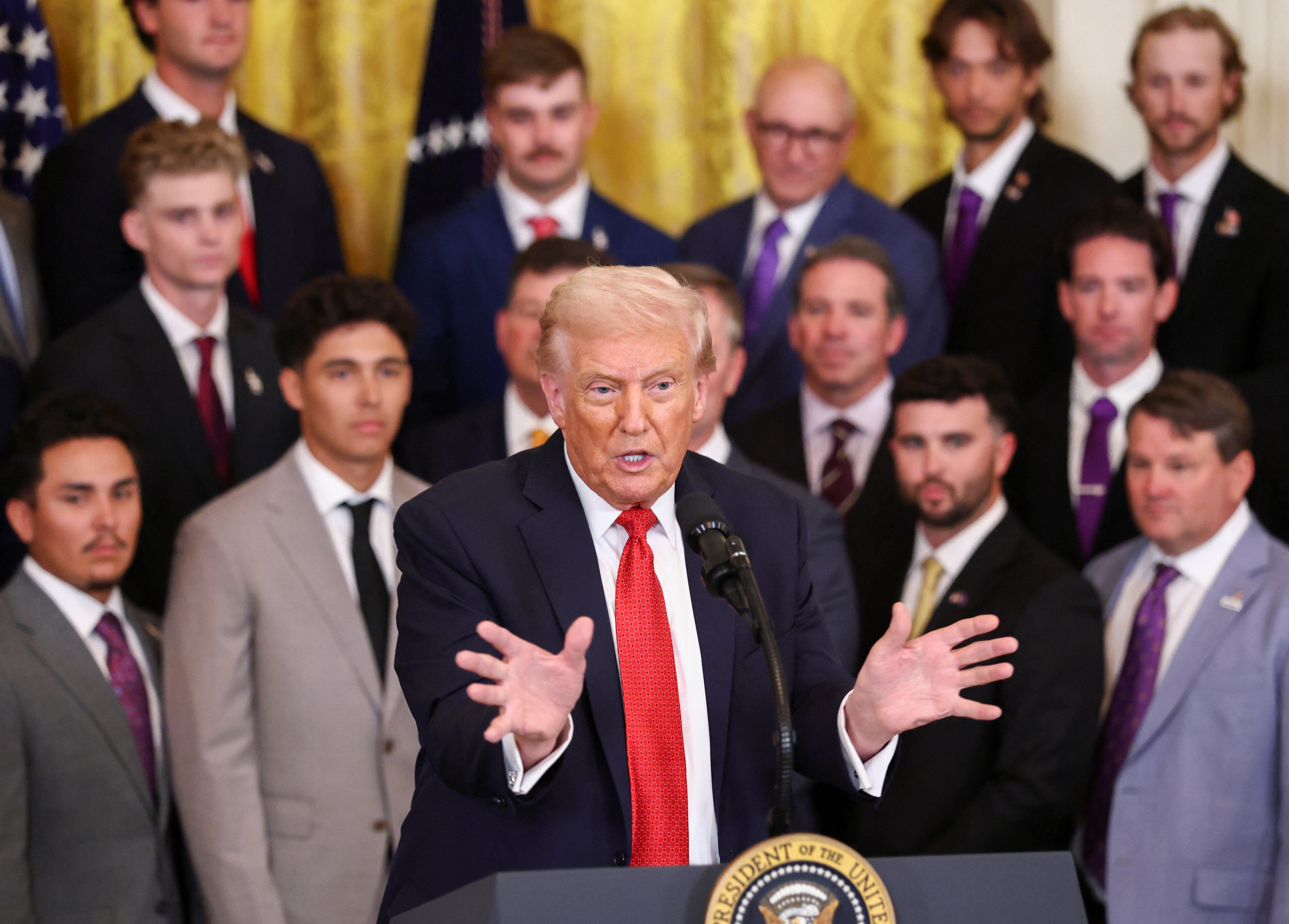 While celebrating the LSU and LSU-Shreveport baseball teams wins, Trump joked that the student athletes were ‘ripping’ his hands
