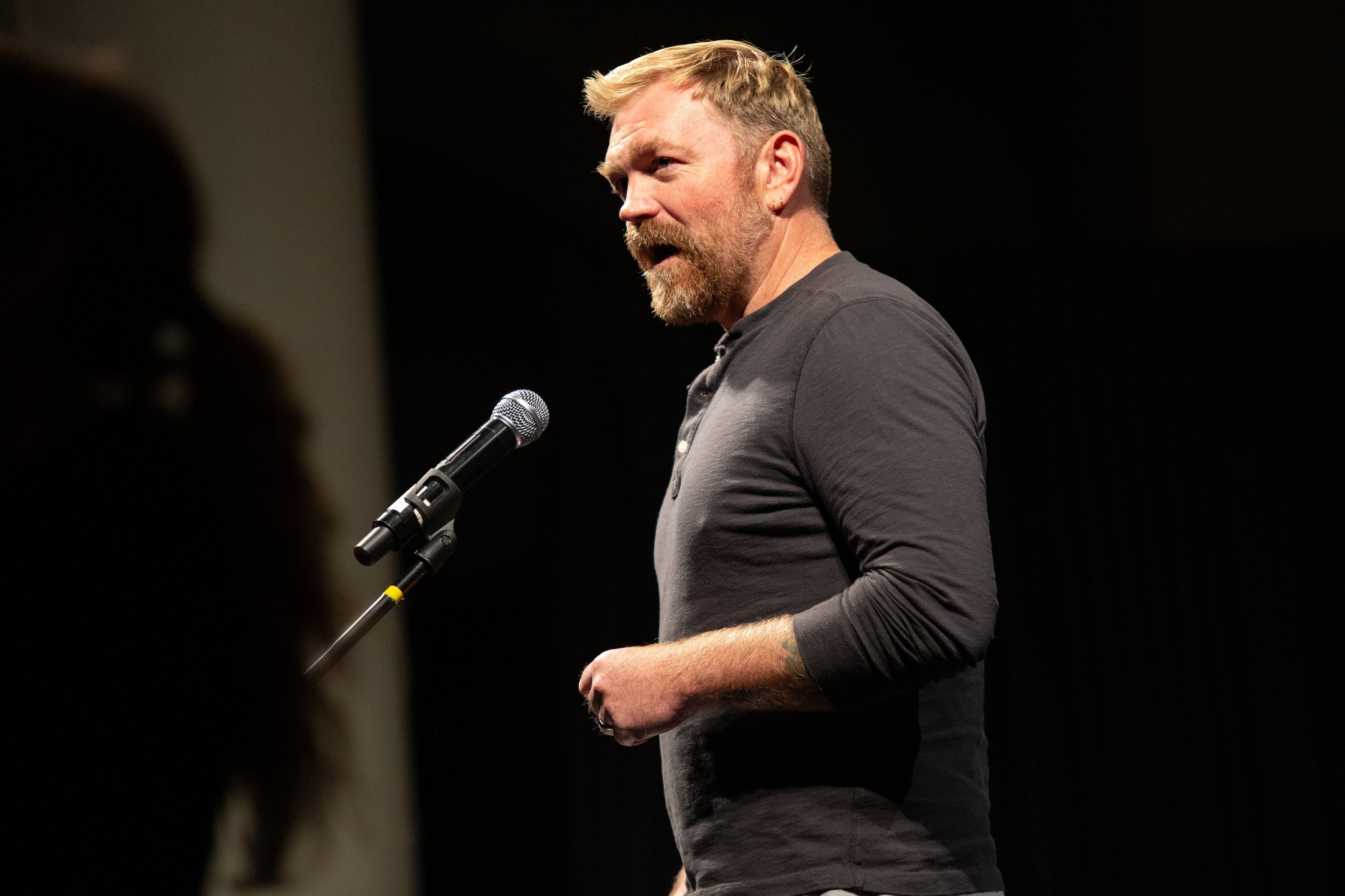 Senate candidate Graham Platner speaks at a town hall at the Franco Center in Lewiston on Wednesday, Oct. 15, 2025