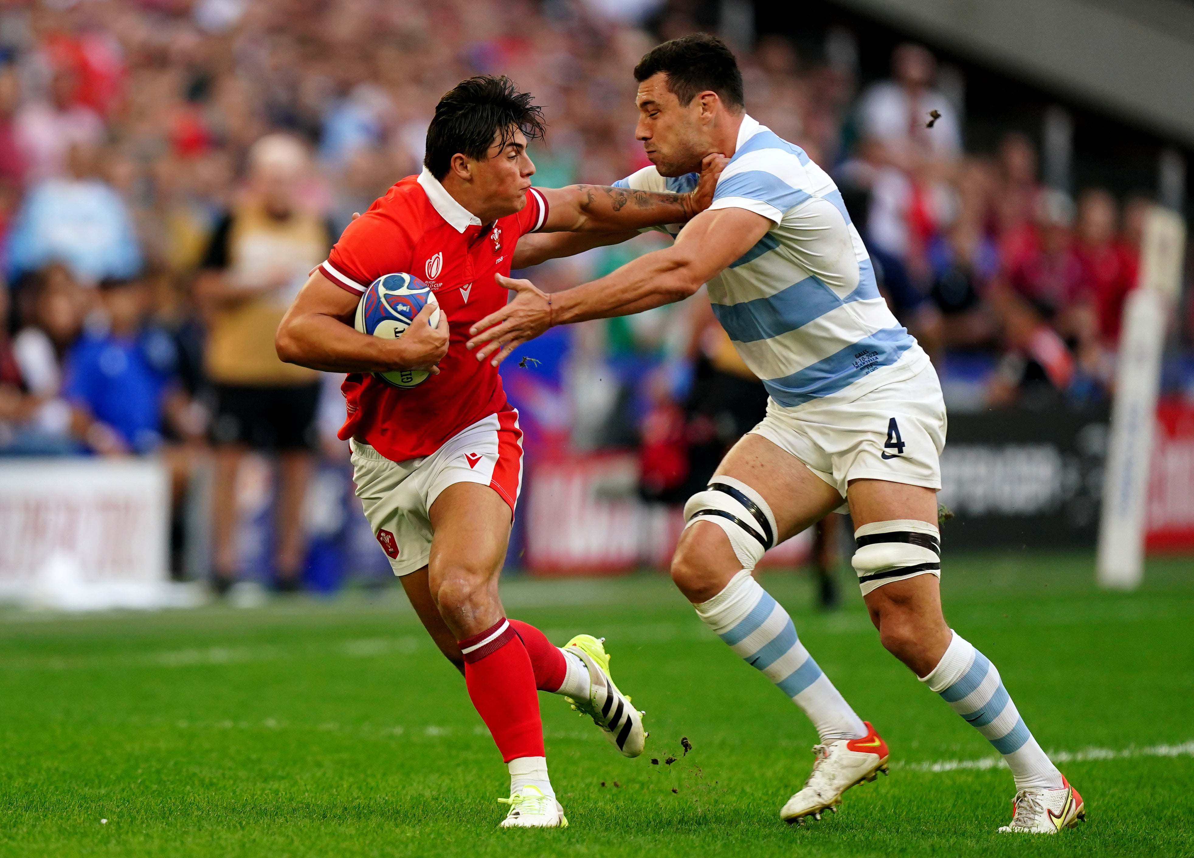 Louis Rees-Zammit (left) last played for Wales against Argentina at the 2023 World Cup in France