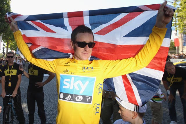 <p>Bradley Wiggins won the Tour de France in 2012 for Team Sky</p>