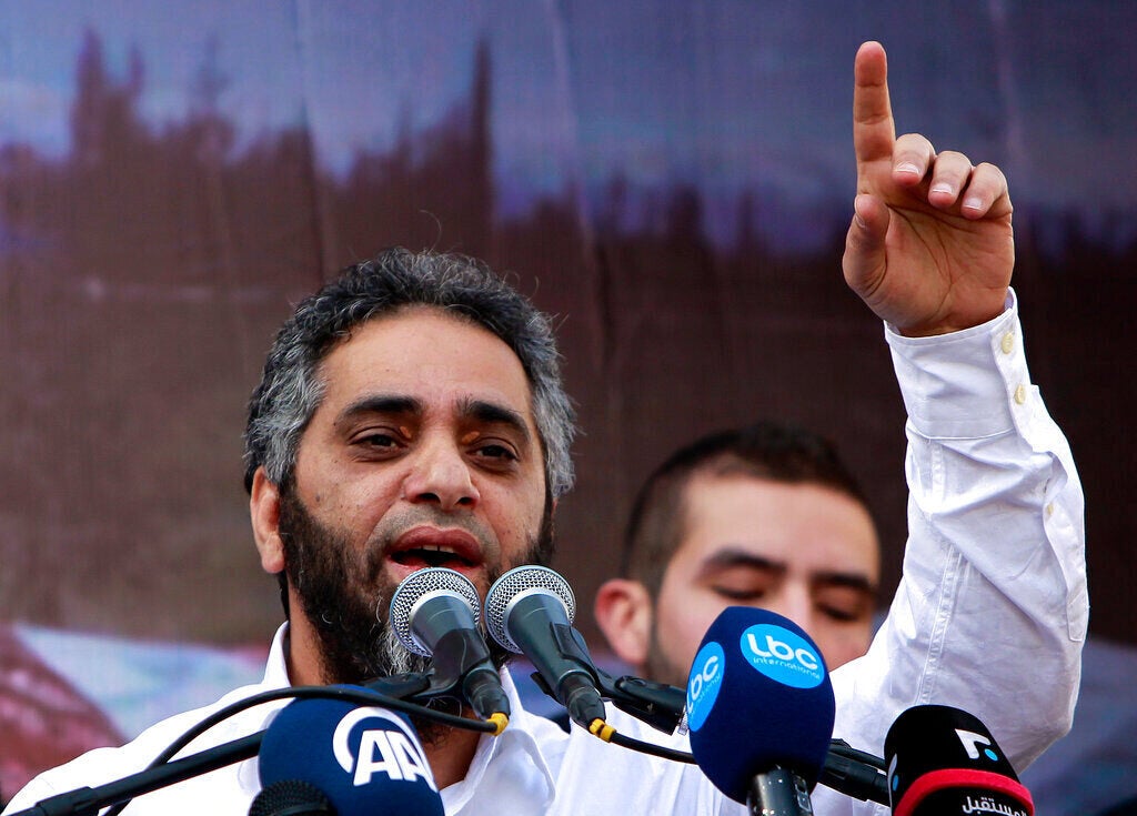 Lebanese pop idol Fadel Shaker delivers a sermon in support of Syrian rebel fighters and Syrian refugees in Beirut in 2013