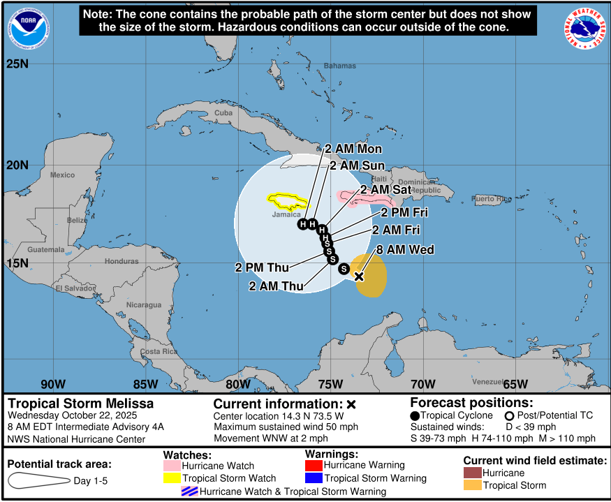 A graphic shows the probable path of Tropical Storm Melissa