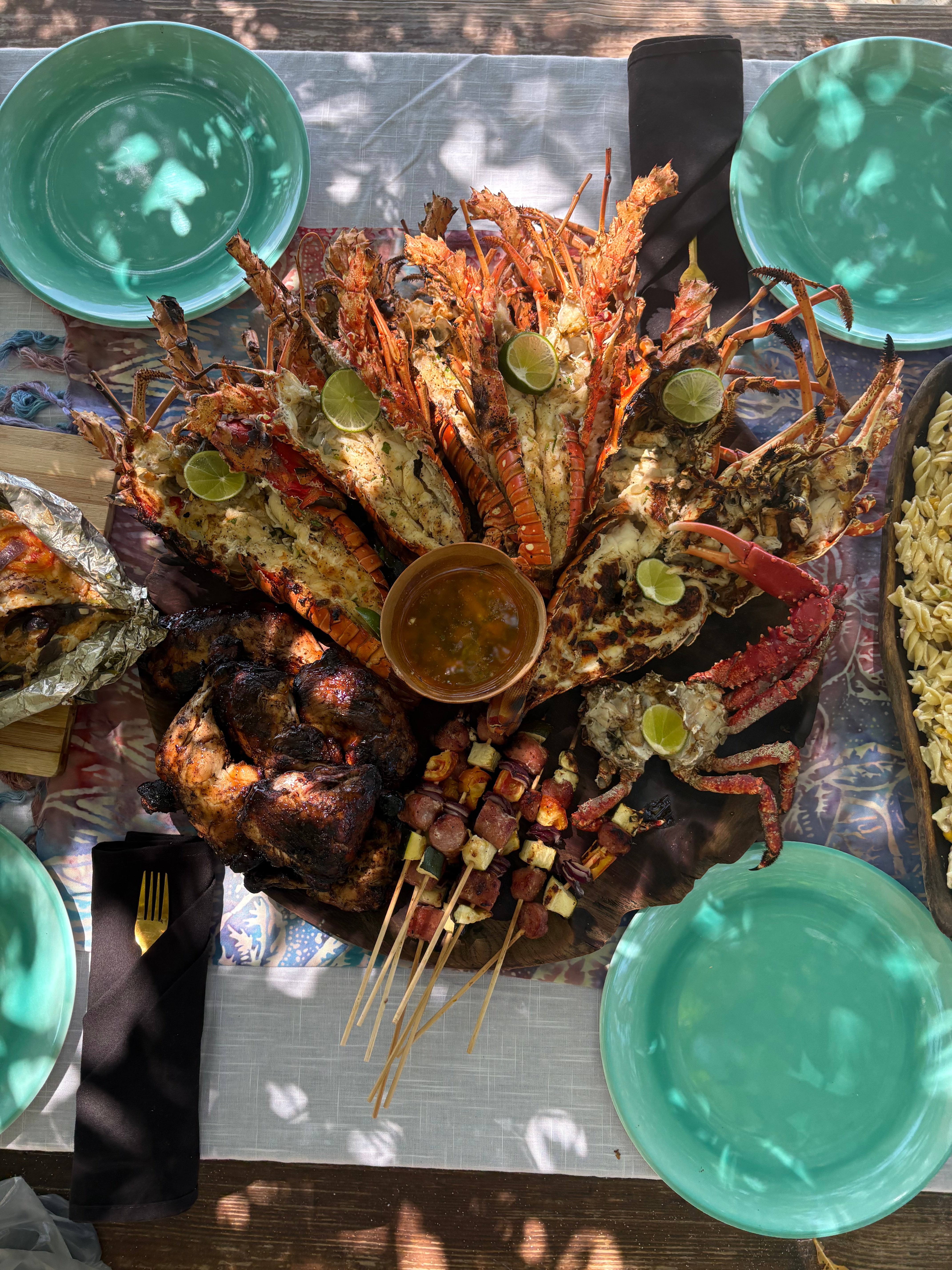 Lobster and crab that Akeem had caught earlier in the day served for lunch