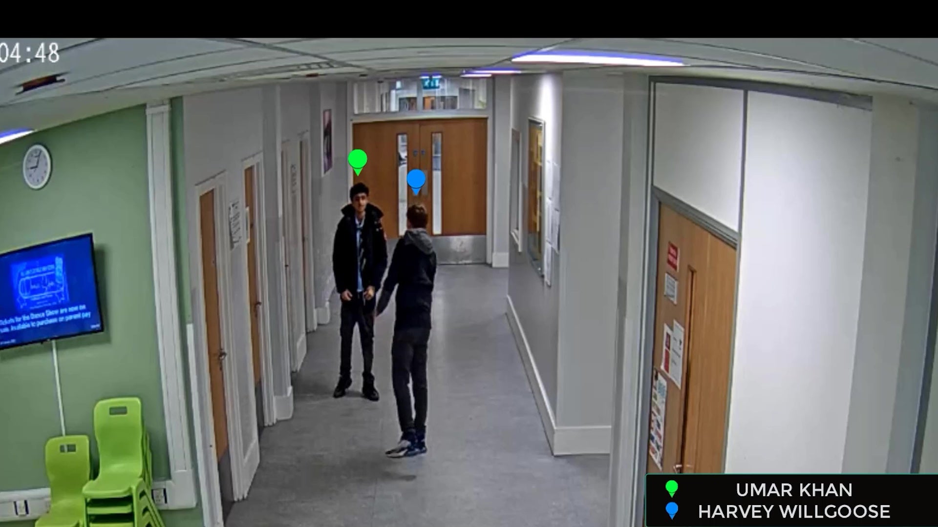 Screen grab taken from CCTV issued by South Yorkshire Police of Mohammed Umar Khan (green tag) and Harvey Willgoose (blue tag) in the corridor at school before Khan killed fellow pupil Harvey, who he stabbed to death during a school lunch break. Mohammed Umar Khan, 15, has been detained at Sheffield Crown Court for life with a minimum term of 16 years for the murder of teenager Harvey Willgoose at their school