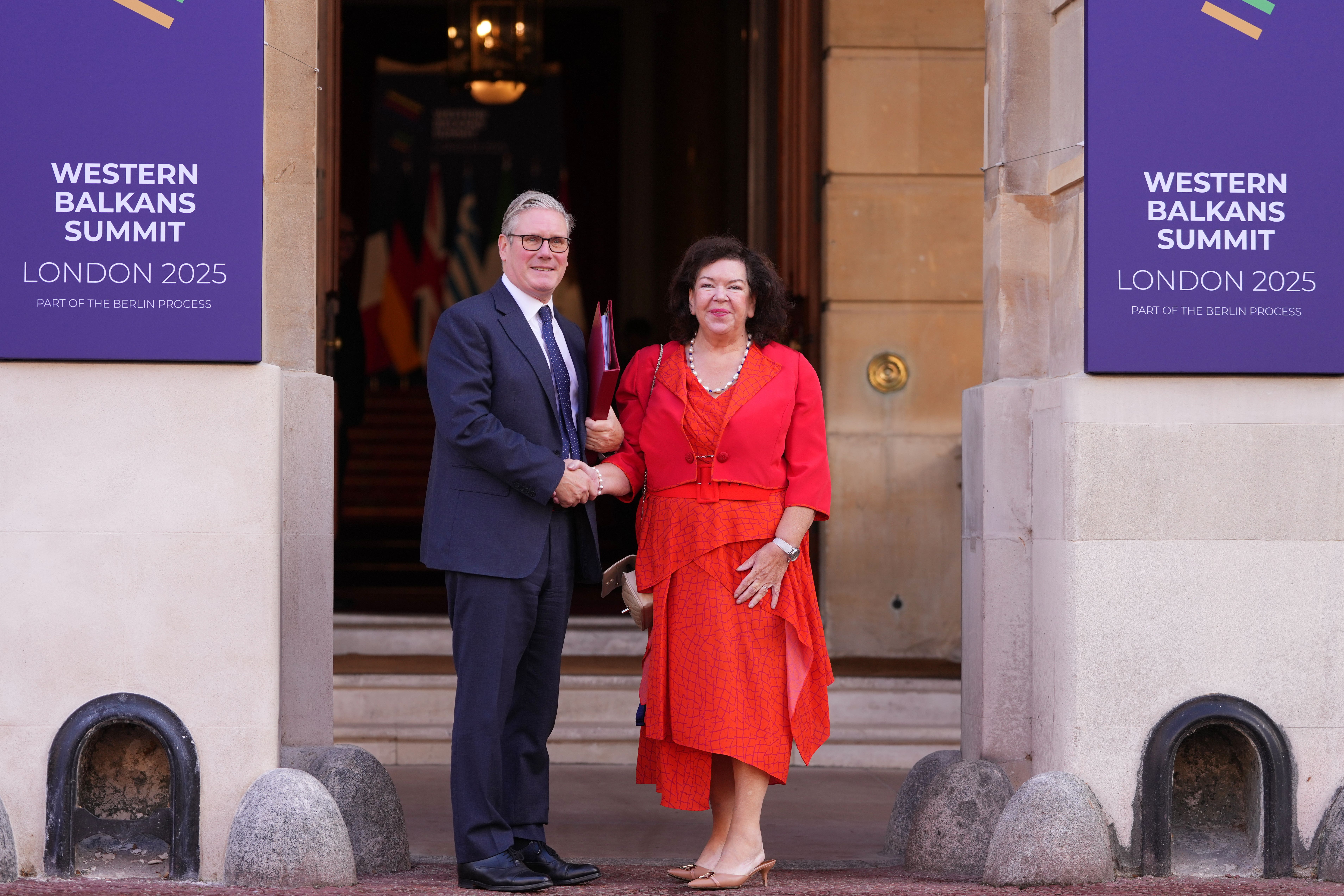 Prime Minister Sir Keir Starmer welcomes UK Special Envoy to the Western Balkans, Dame Karen Pierce to the Western Balkans Summit at Lancaster House in London (Kirsty Wigglesworth/PA)
