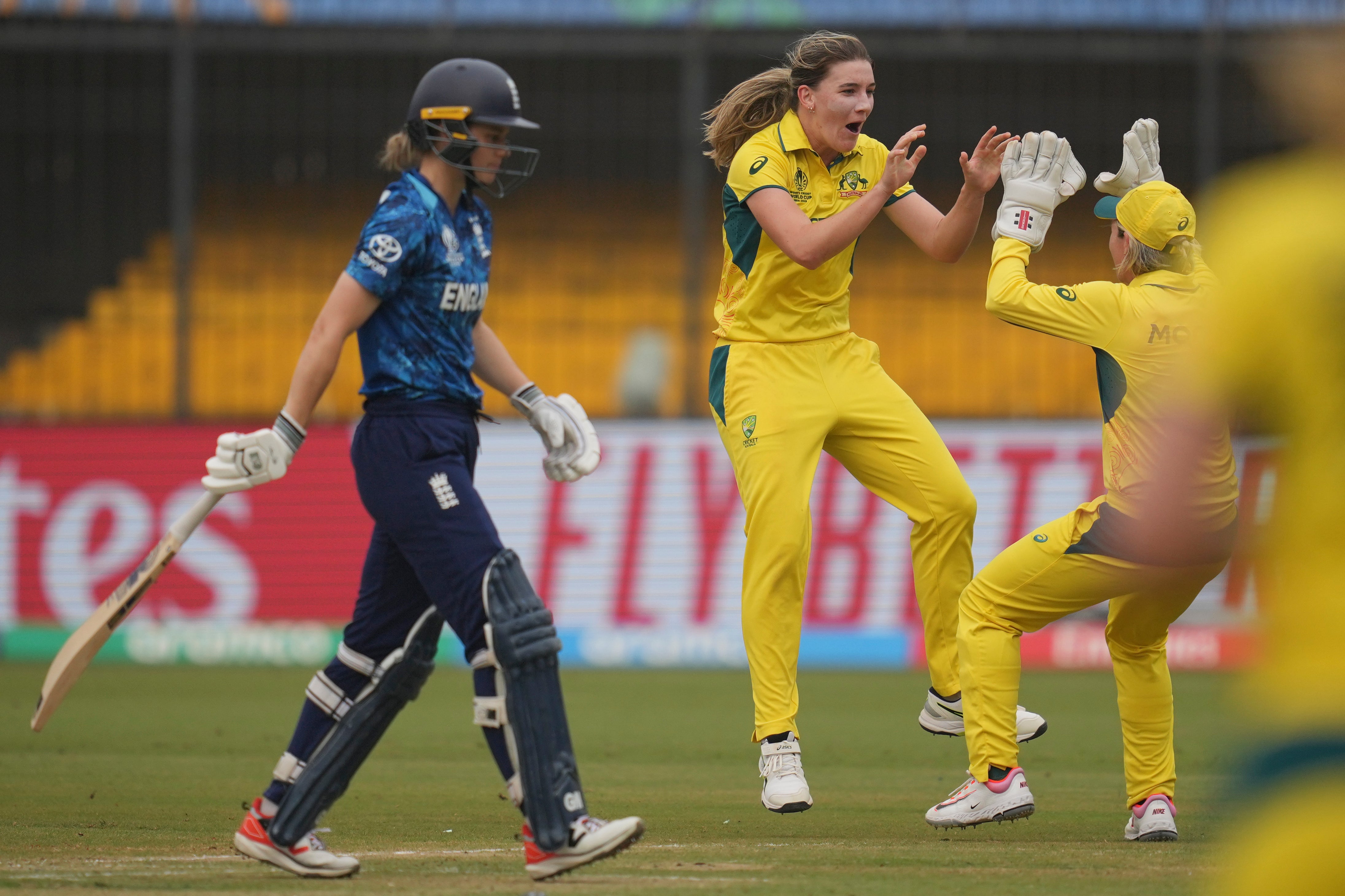 Annabel Sutherland (centre) fronted Australia’s fightback after a solid start from England (Rafiq Maqbool/AP)