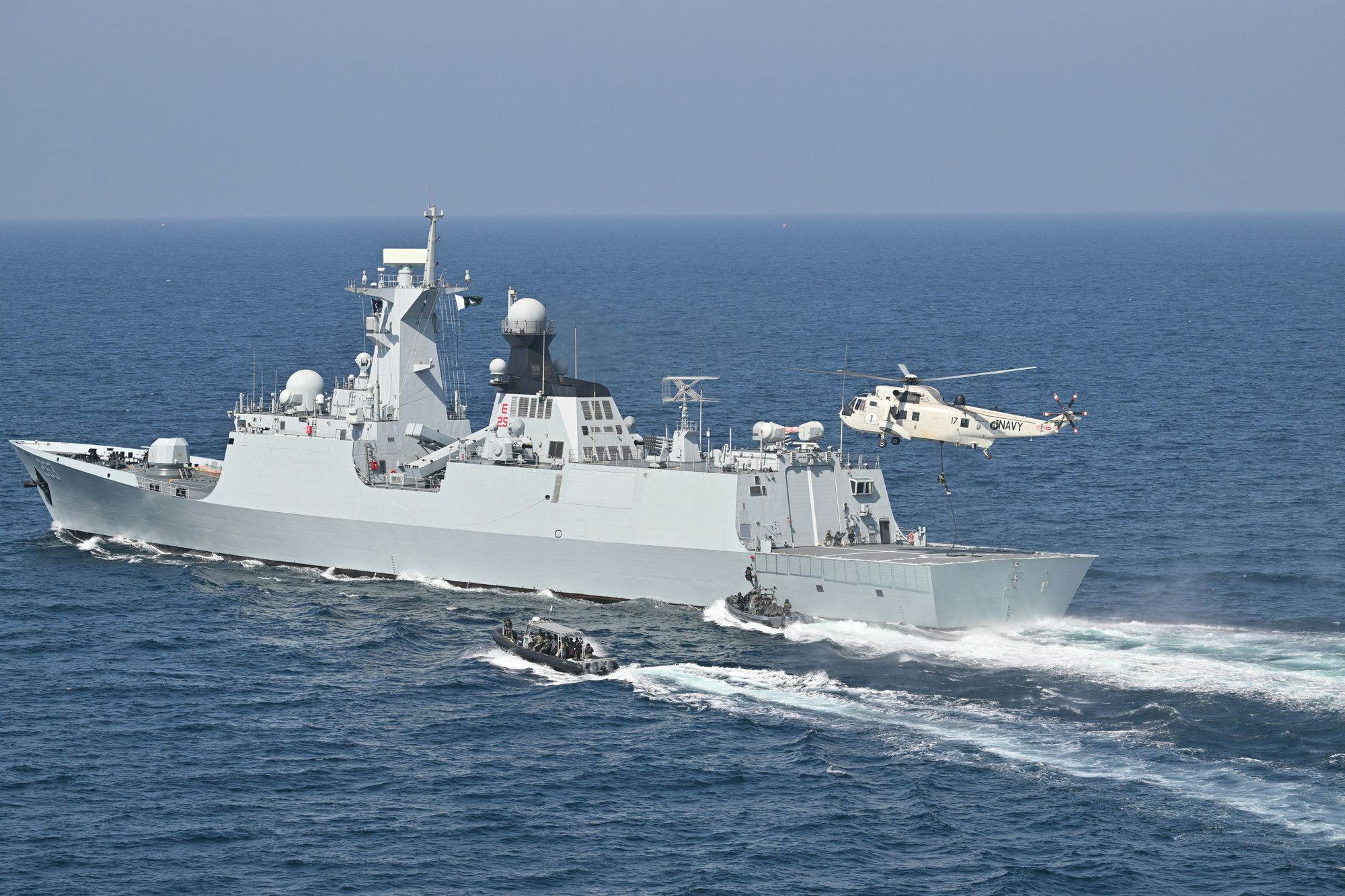 <p>Pakistan's naval commandos take part during the multinational naval exercise AMAN-25 in the Arabian Sea near Pakistan's port city of Karachi on February 10, 2025, as more than 50 countries participating with ships and observers. </p>