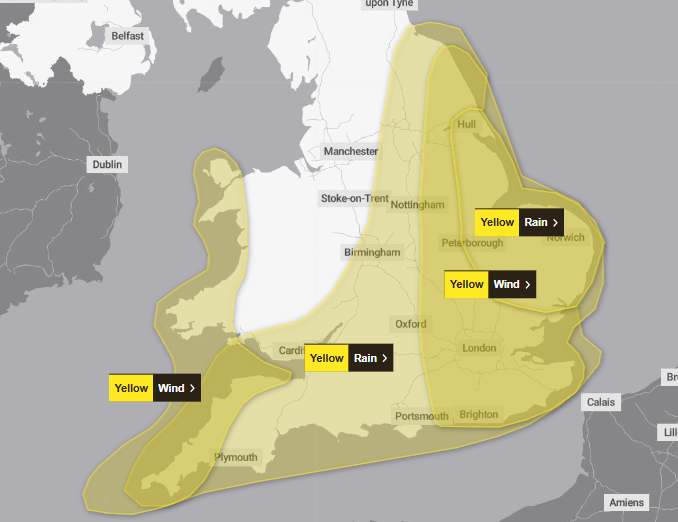 A yellow warning for rain affects the south and east of England and some parts of south Wales