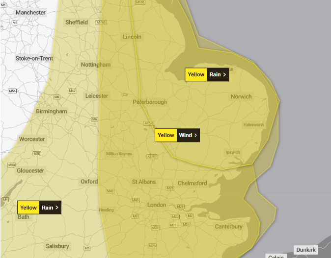 Yellow warning for wind stretches from Brighton, London, Oxfordshire and Norwich, up to Hull and York