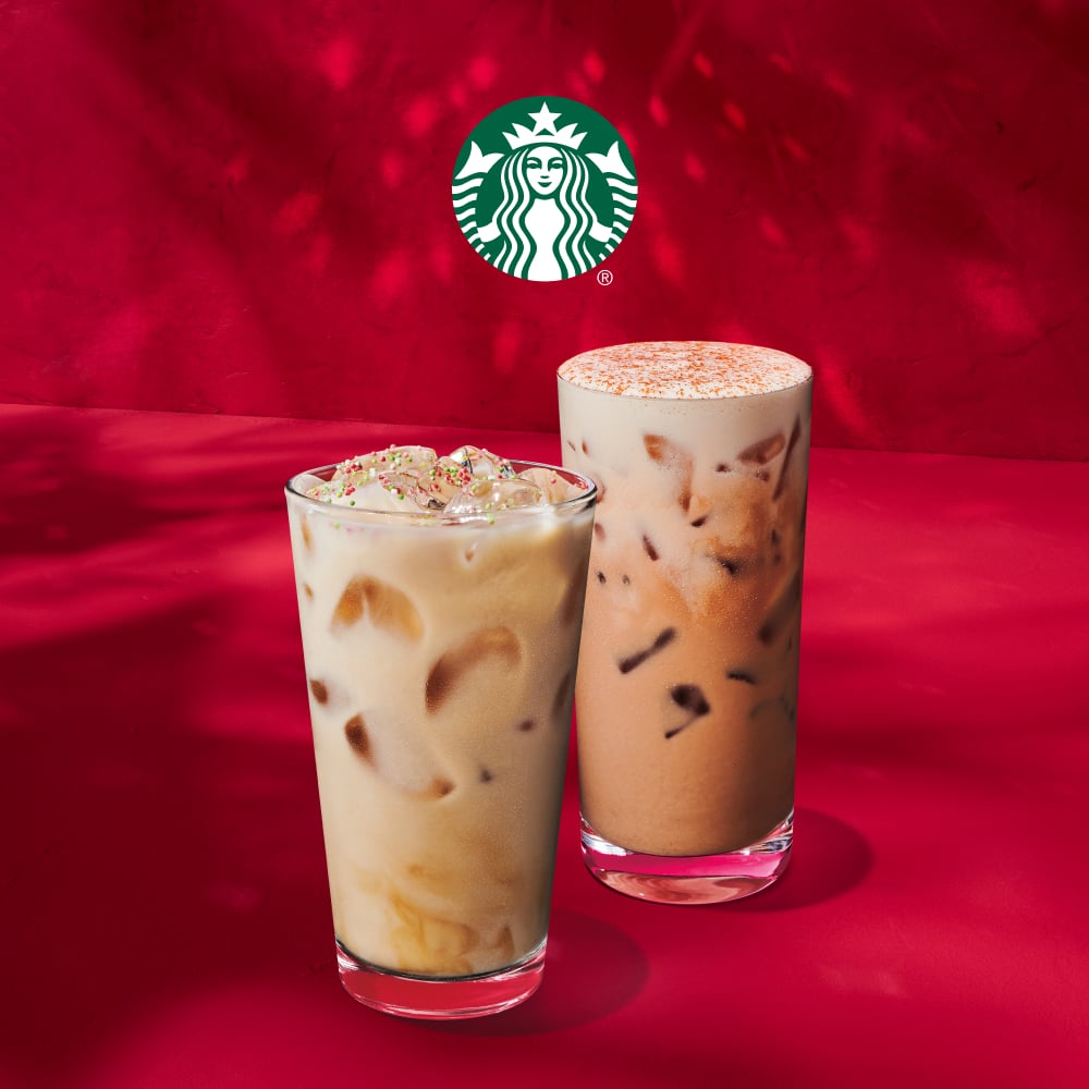 The iced holiday drinks this year include the Iced Sugar Cookie Almond Milk Latte (left) and the Iced Gingerbread Oat milk Chai (right)
